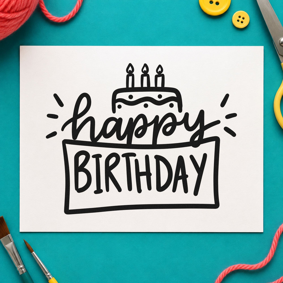 Happy Birthday Cake Frame craft stamp imprint in black ink on a handmade project, one idea being treat box gift tags.
