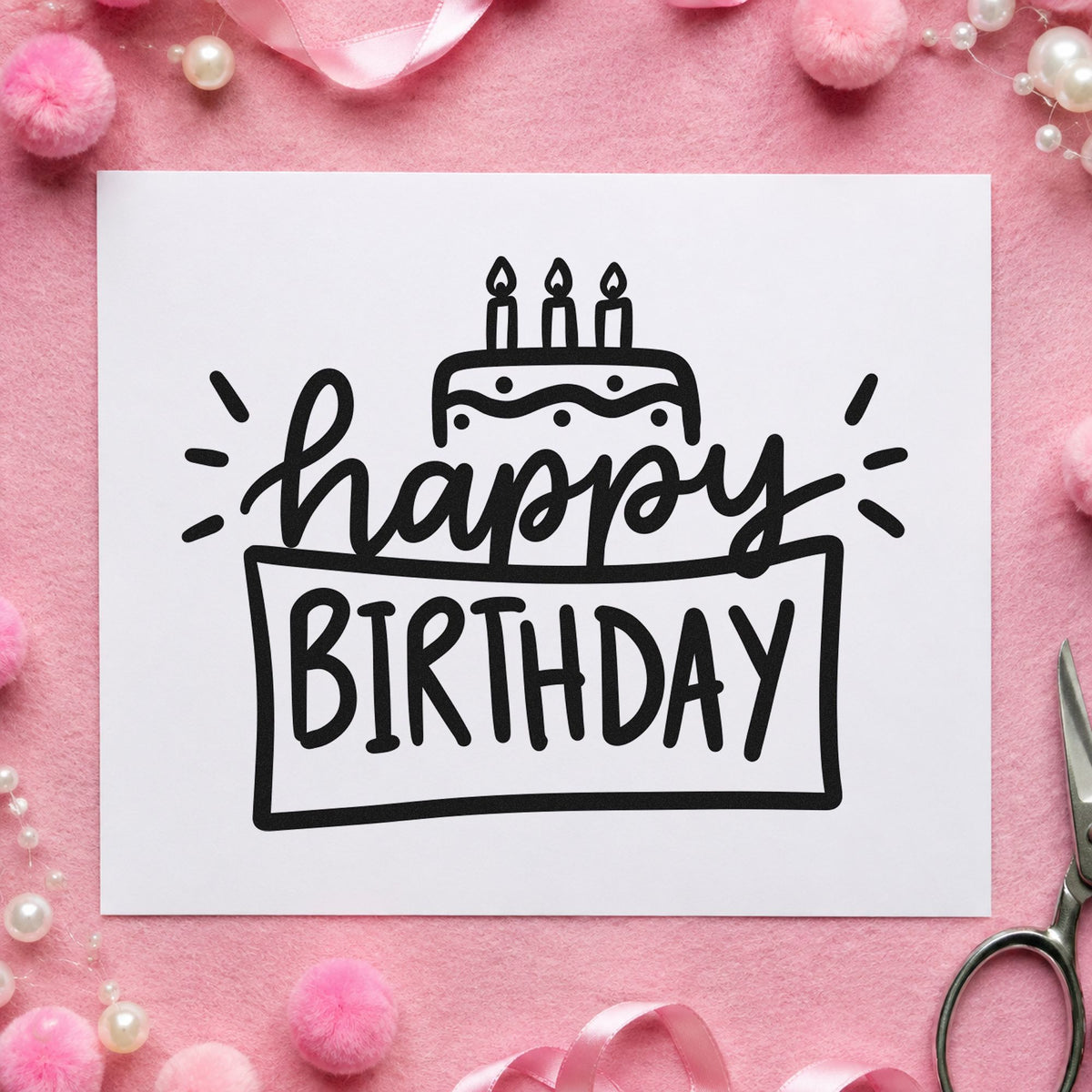 Happy Birthday Cake Frame rubber stamp printed in black ink, ready for order queue sheet and similar paper crafts.