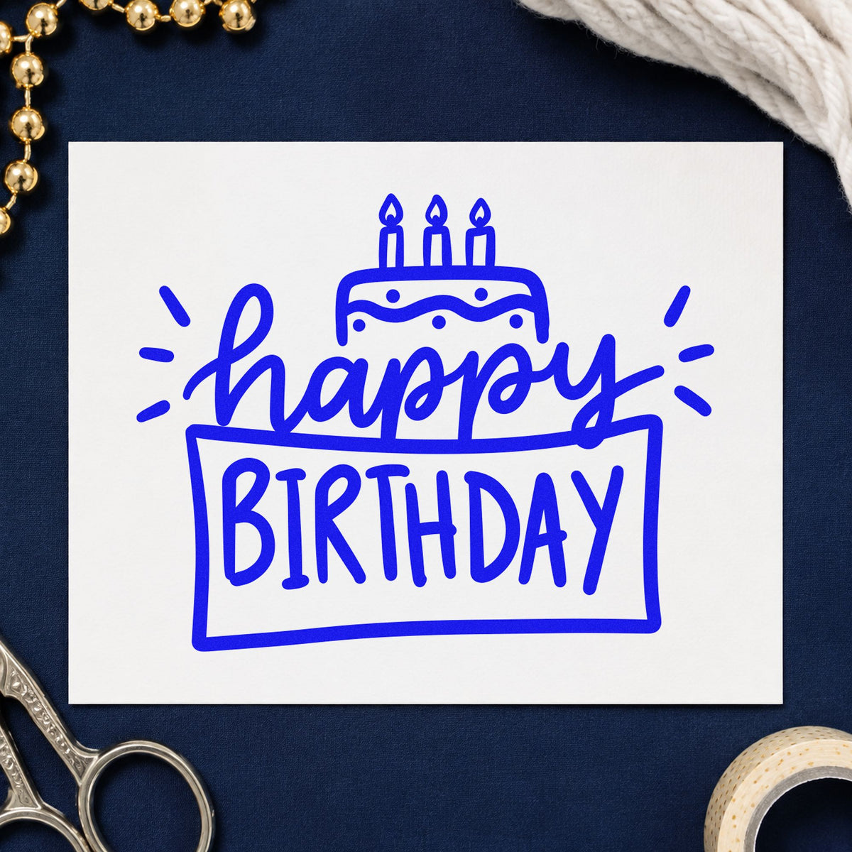 Happy Birthday Cake Frame craft stamp imprinted in blue ink on paper, a design suited to framed kitchen nook.