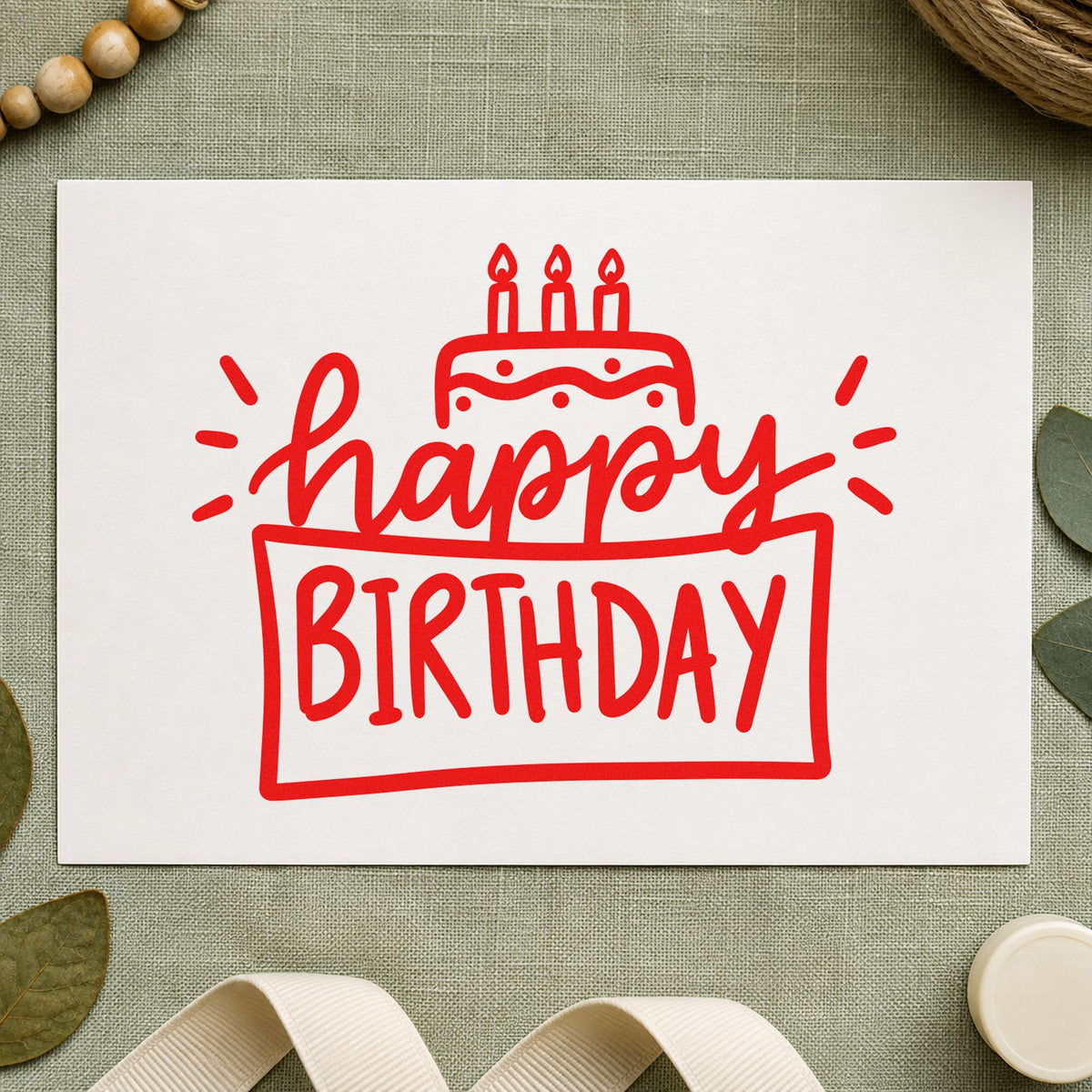 Happy Birthday Cake Frame craft stamp imprint in red ink on a handmade project, one idea being care note cards.