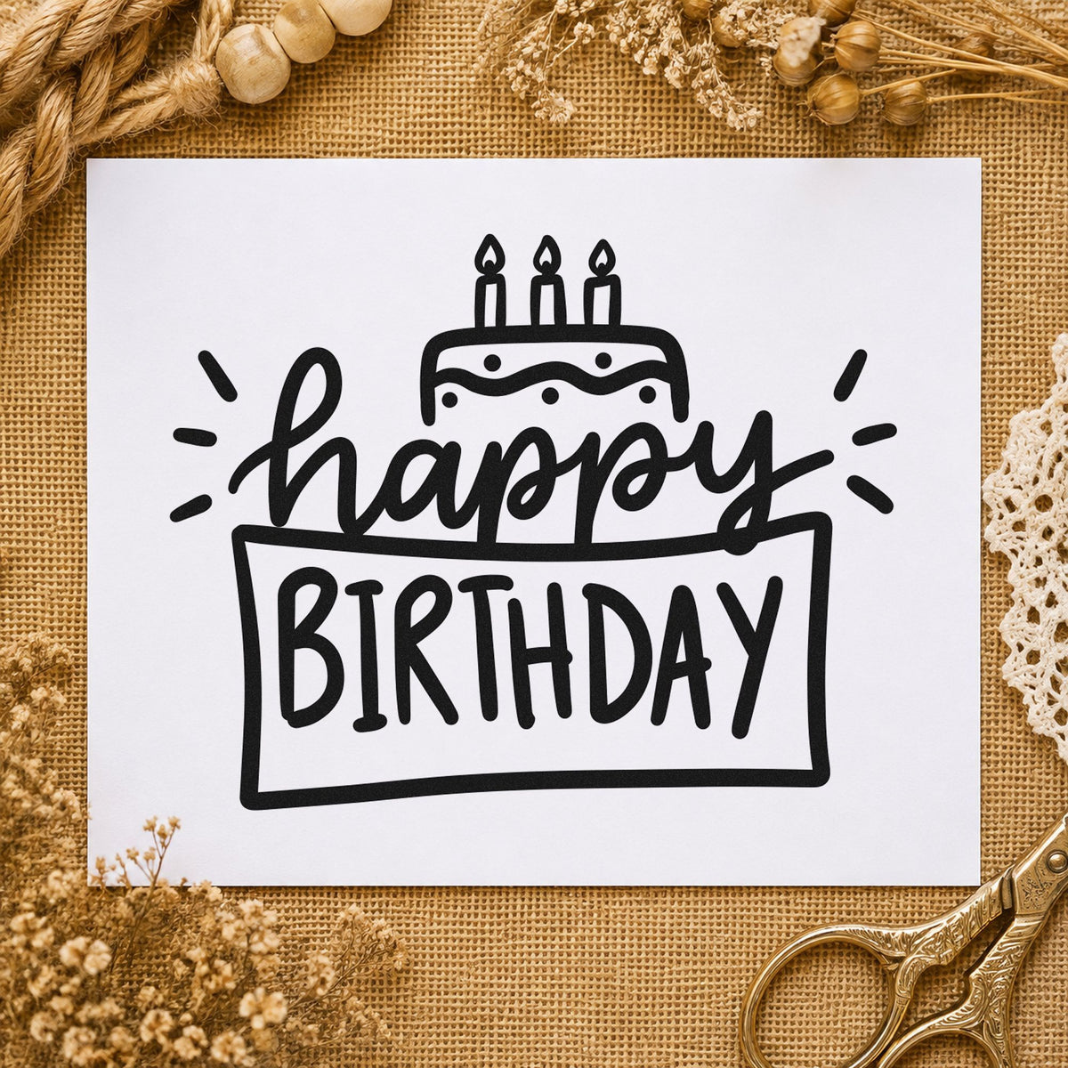 Happy Birthday Cake Frame rubber stamp printed in black ink, ready for three candle cards and similar paper crafts.