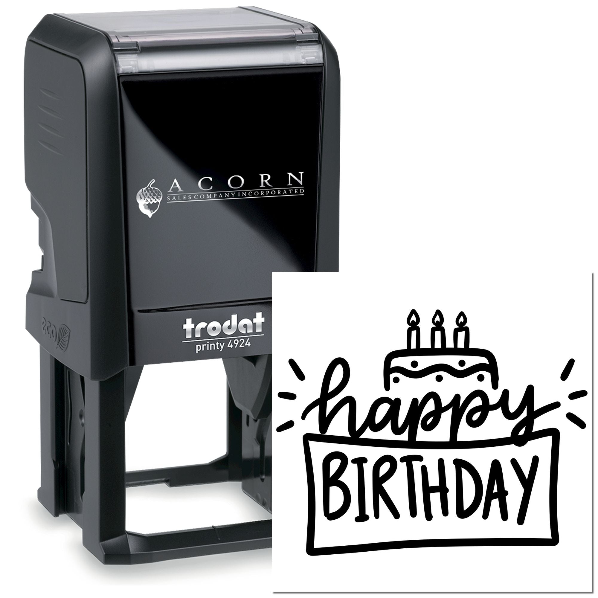 Custom self-inking happy birthday rubber stamp for cards, gift wrap, and party packaging.
