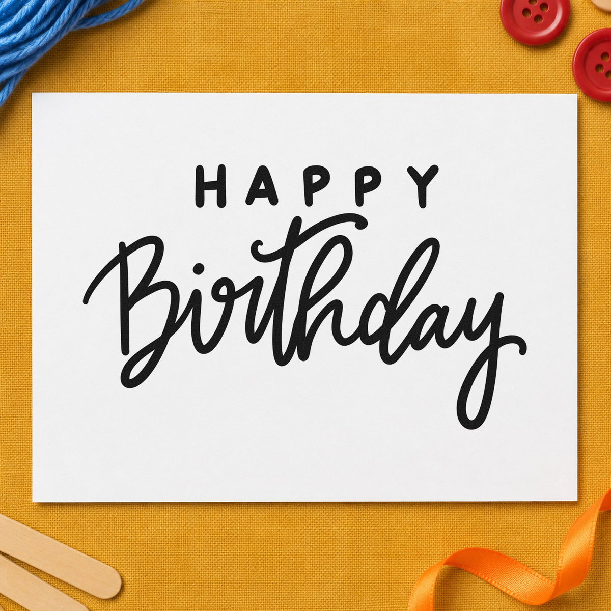 Happy Birthday Spaced Heading craft stamp imprint in black ink on a handmade project, one idea being blank pack gift tags.