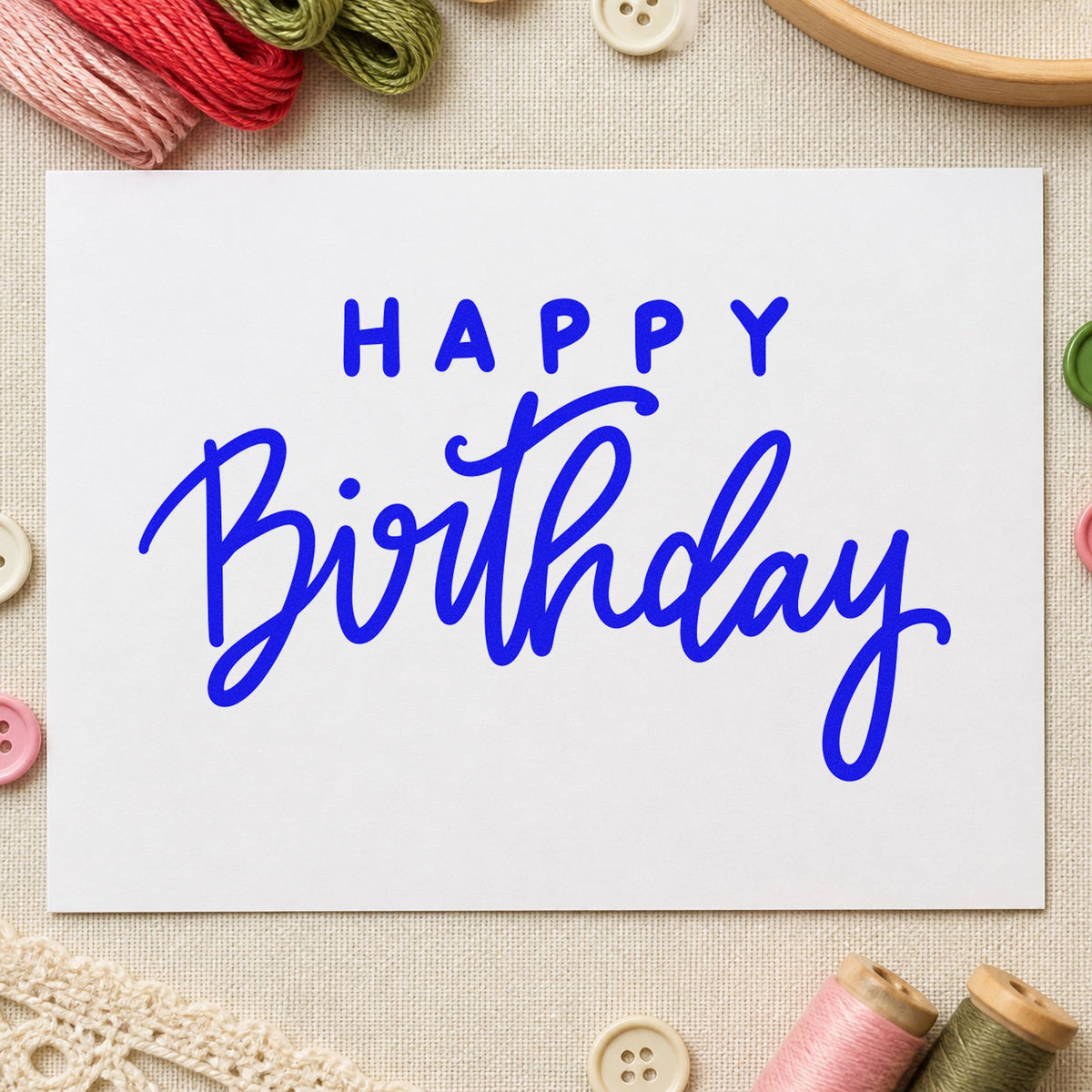 Happy Birthday Spaced Heading craft stamp imprinted in blue ink on paper, a design suited to framed meeting hall.