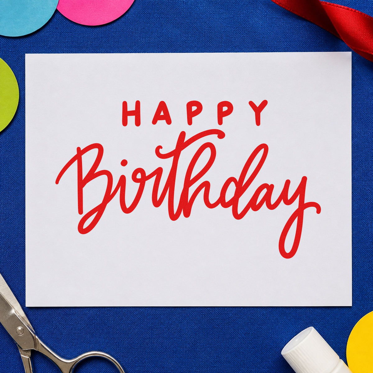 Happy Birthday Spaced Heading rubber stamp shown in red ink, stamped for projects such as bin stationery labels.