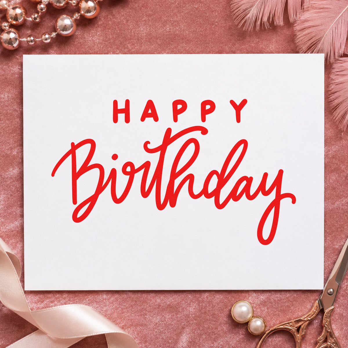 Happy Birthday Spaced Heading craft stamp imprint in red ink on a handmade project, one idea being message prompt cards.