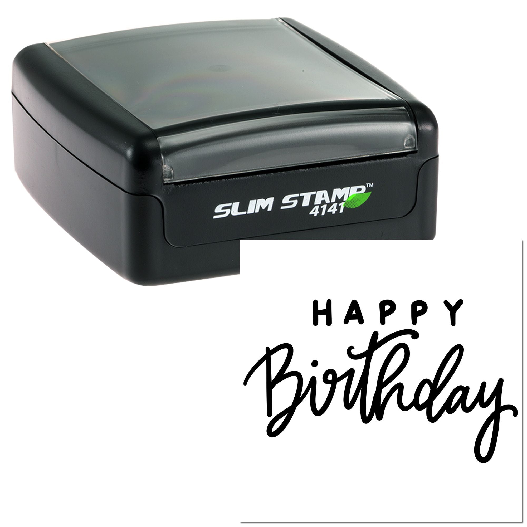 Slim self-inking rubber stamp with Happy Birthday design for custom birthday cards and party packaging.