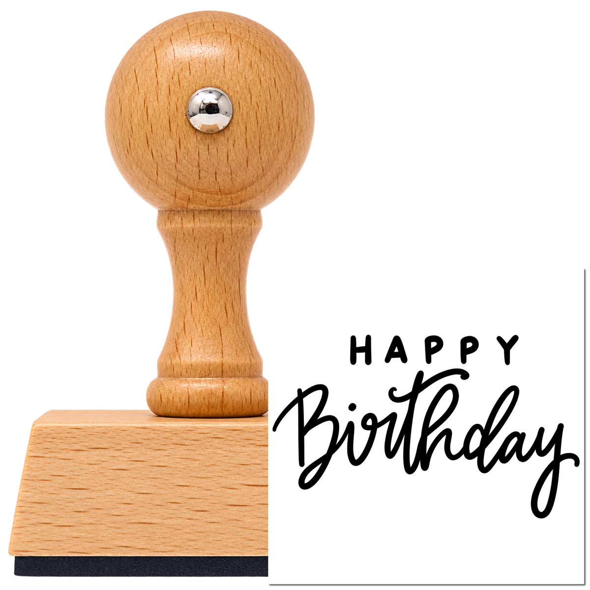 Happy Birthday Spaced Heading Vintage Pro rubber stamp in European beech wood with a round knob handle, shown beside its black imprint.