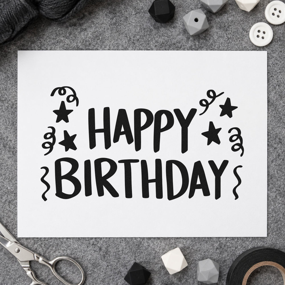 Birthday Stars And Streamers rubber stamp printed in black ink, ready for curling streamer cards and similar paper crafts.