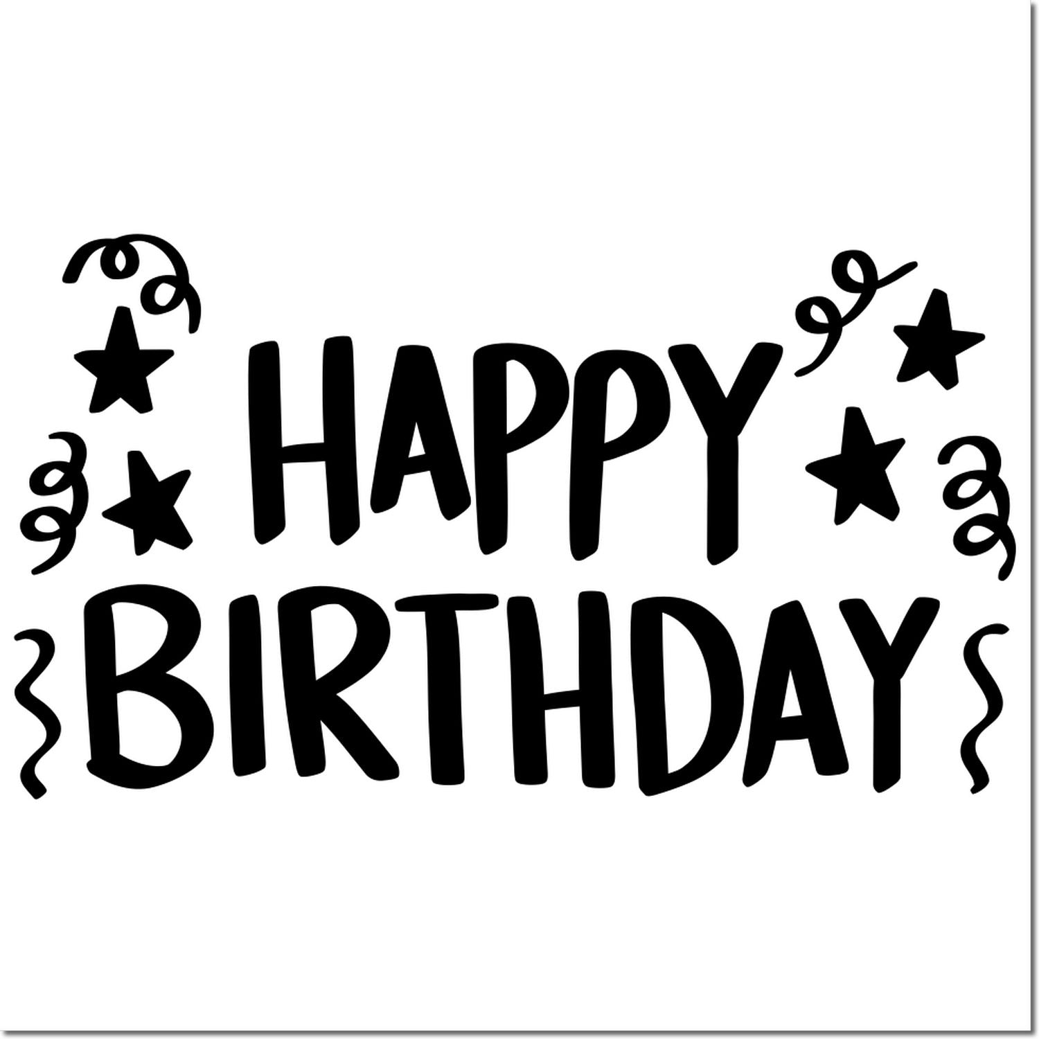 Happy Birthday rubber stamp design with stars and confetti for festive greeting cards, party invitations, and crafts.