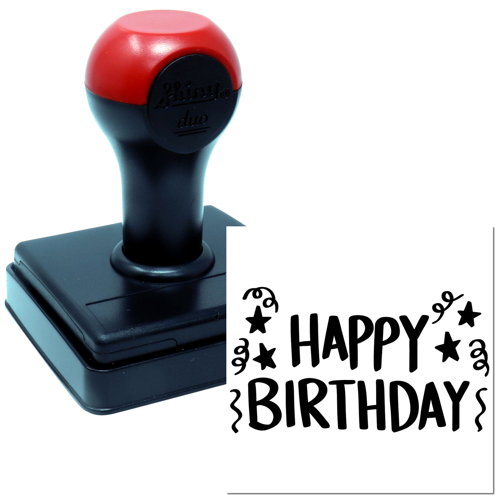 Self-inking rubber stamp with Happy Birthday design for cards, invitations, and birthday crafts.