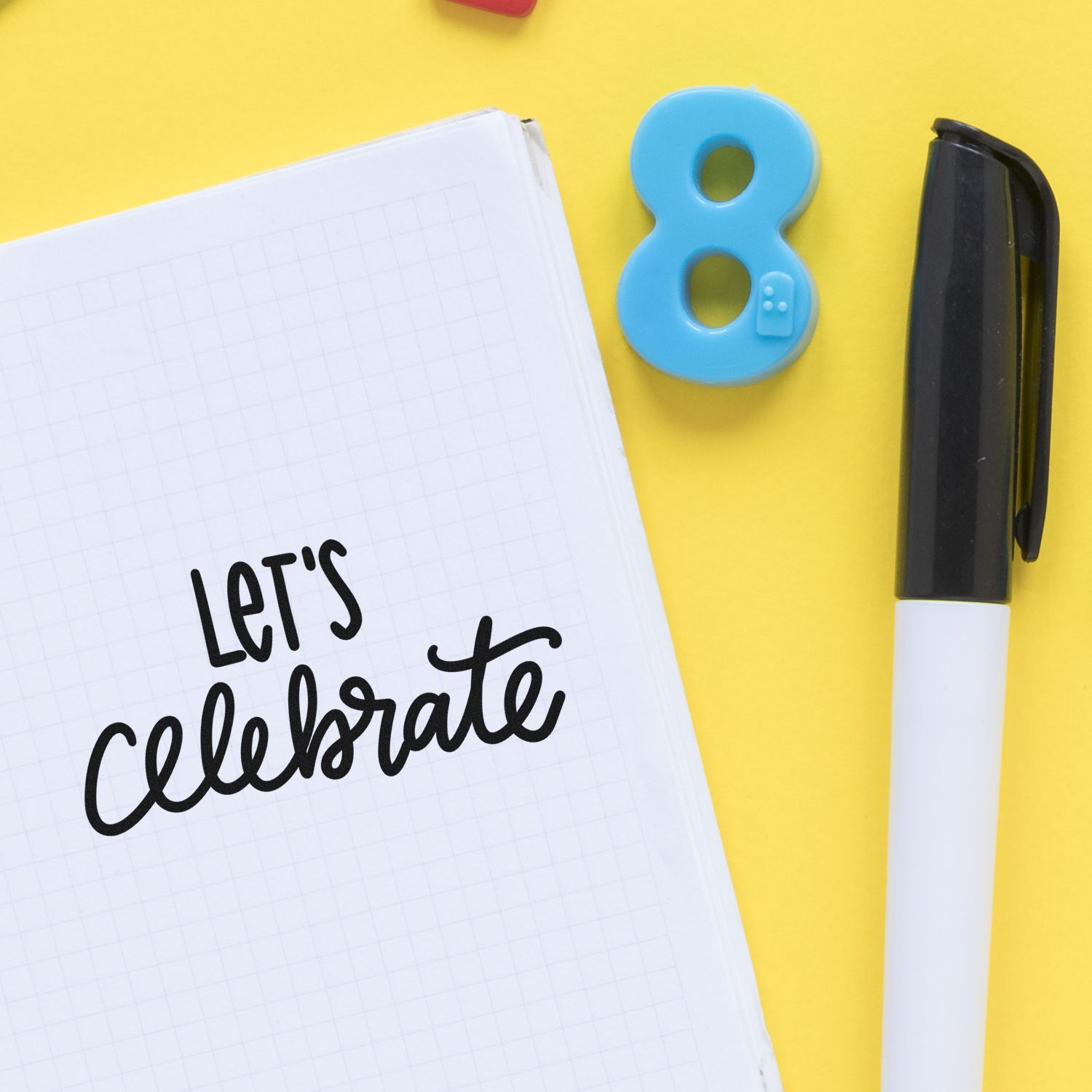 Number 8 rubber stamp with Lets Celebrate note, ideal for birthday cards, party invitations, and craft projects.