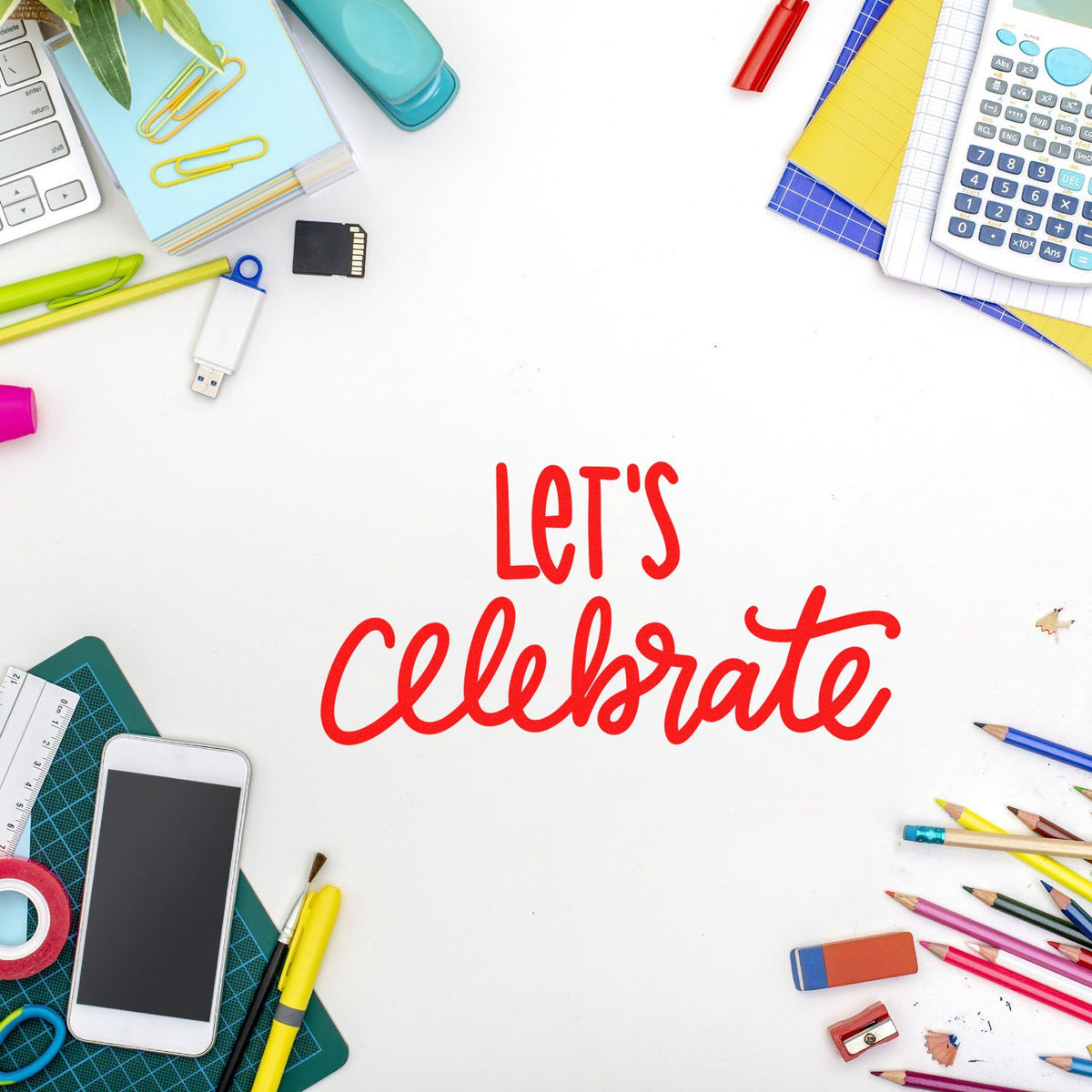Let's Celebrate Script rubber stamp shown in red ink, stamped for projects such as joint party album page.