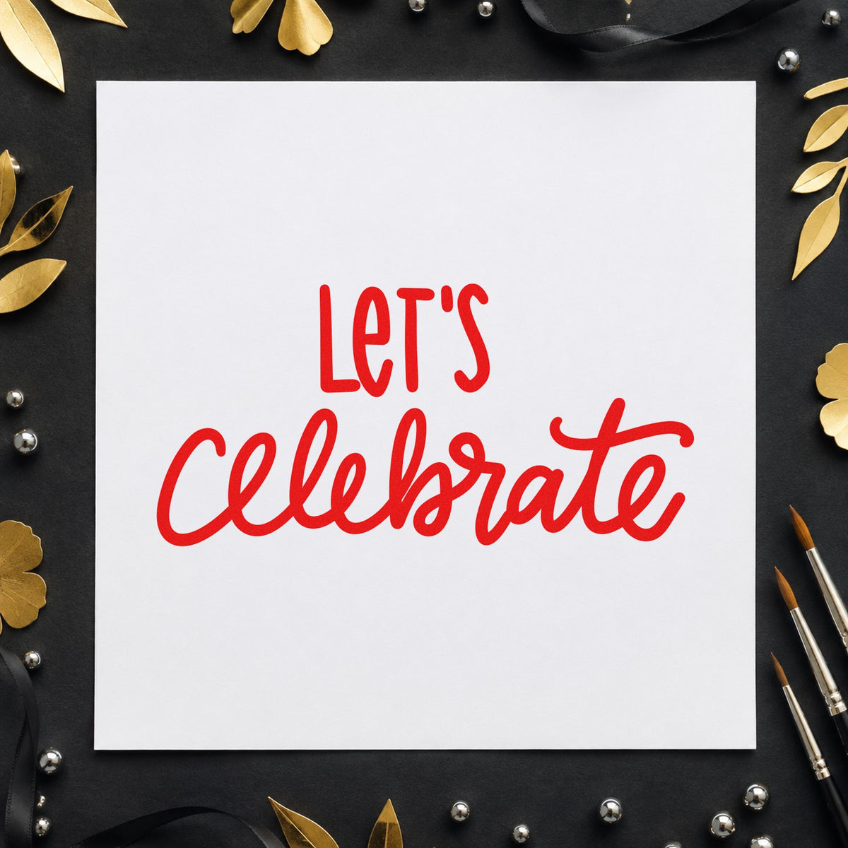 Let's Celebrate Script craft stamp imprint in red ink on a handmade project, one idea being guest wish cards.
