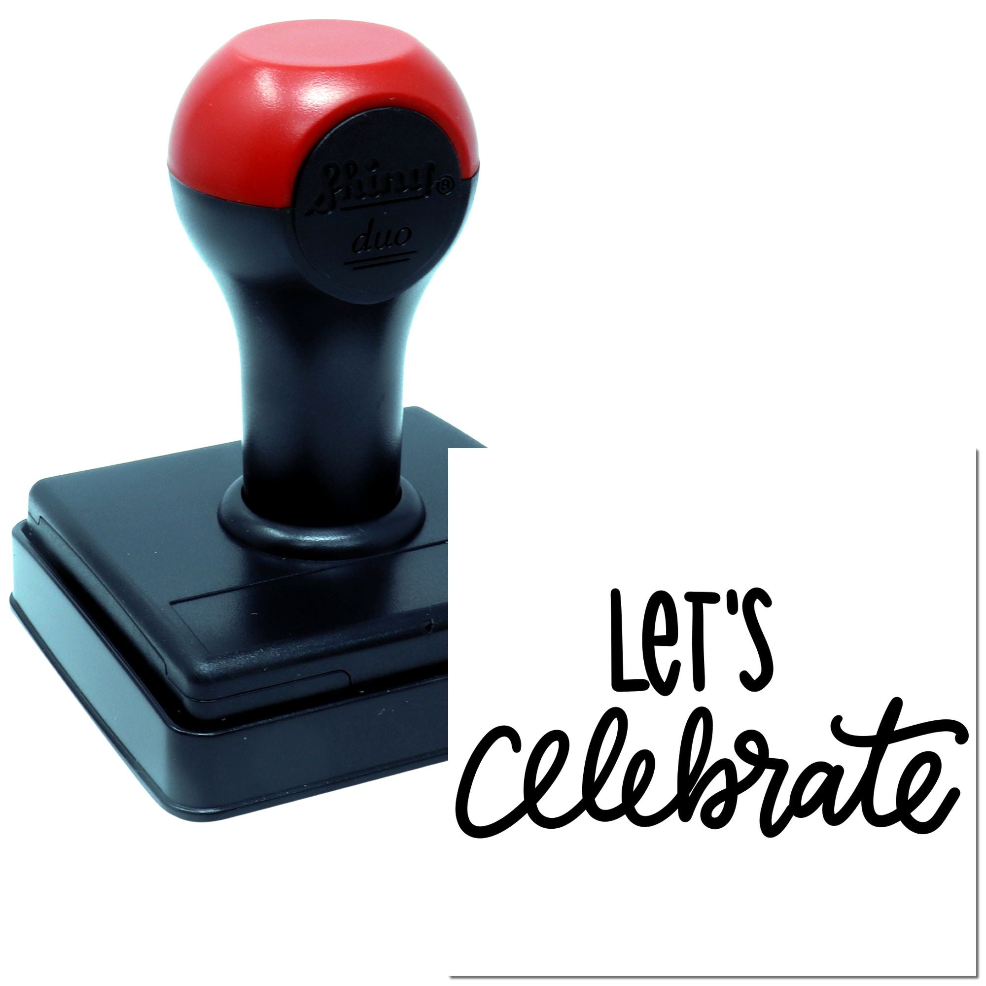 Custom self-inking rubber stamp with Lets Celebrate message for craft projects, party invitations, and event packaging.