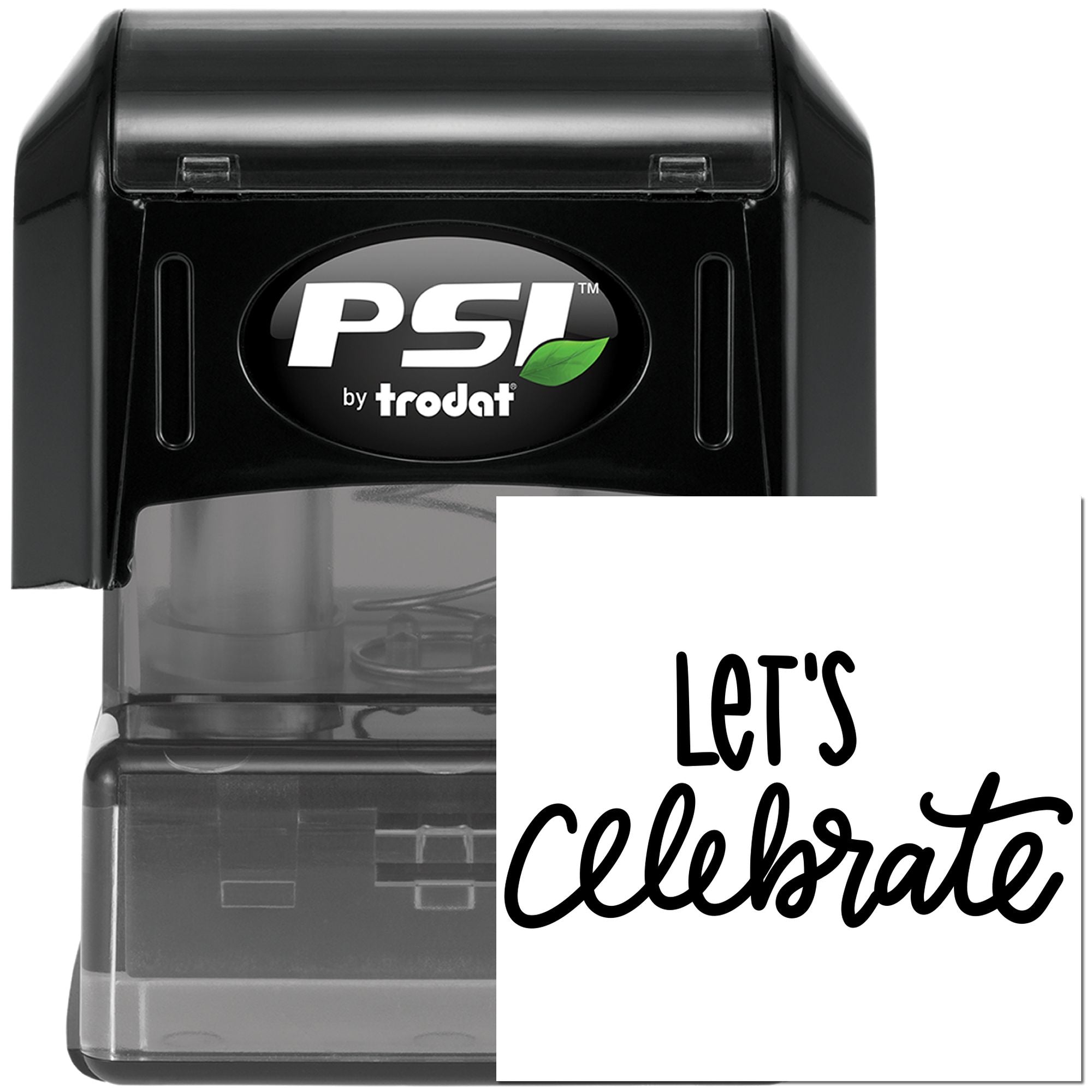 PSI by Trodat self-inking rubber stamp with Lets Celebrate imprint for custom event and party stamping.