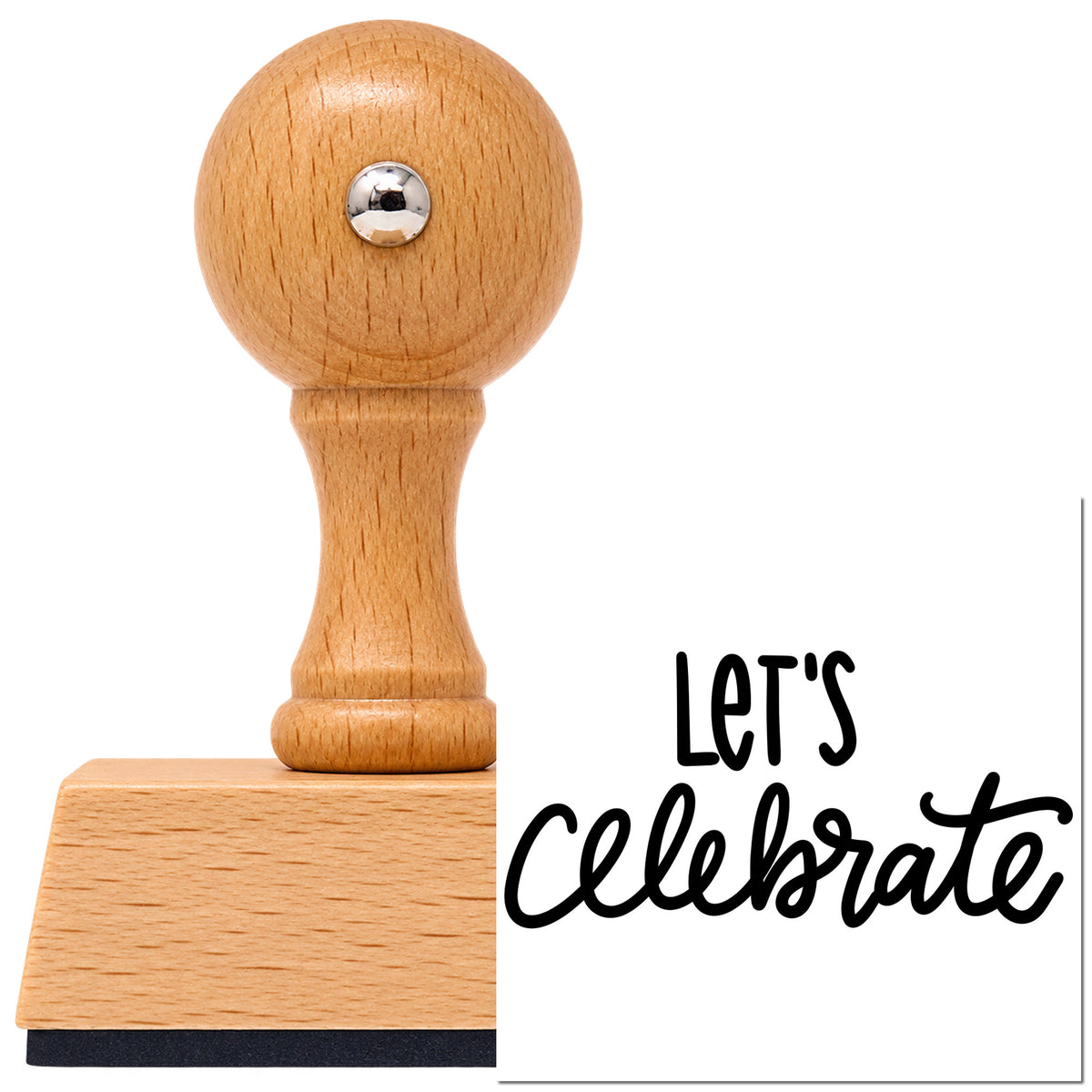 Let's Celebrate Flowing Script Vintage Pro rubber stamp in European beech wood with a round knob handle, shown beside its black imprint.