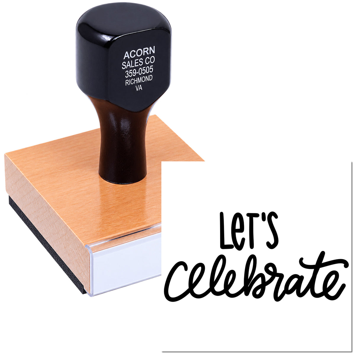 Custom rubber stamp with Lets Celebrate design for party invitations, scrapbooking, and festive craft projects.