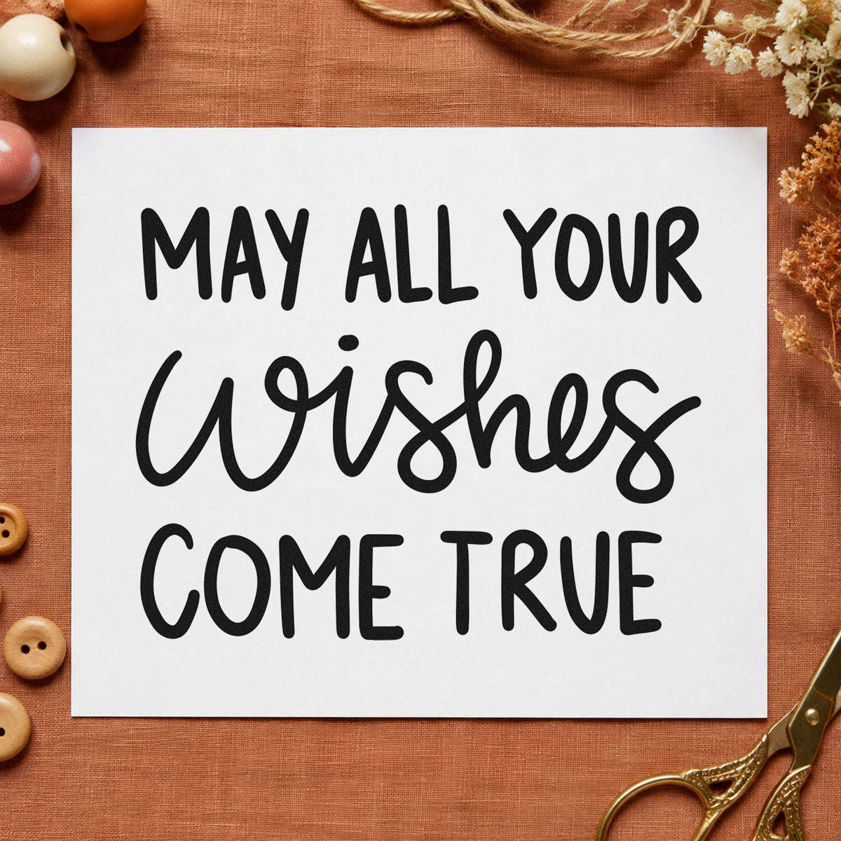 May All Your Wishes Come True craft stamp in black ink on cardstock, an easy option for century album page.