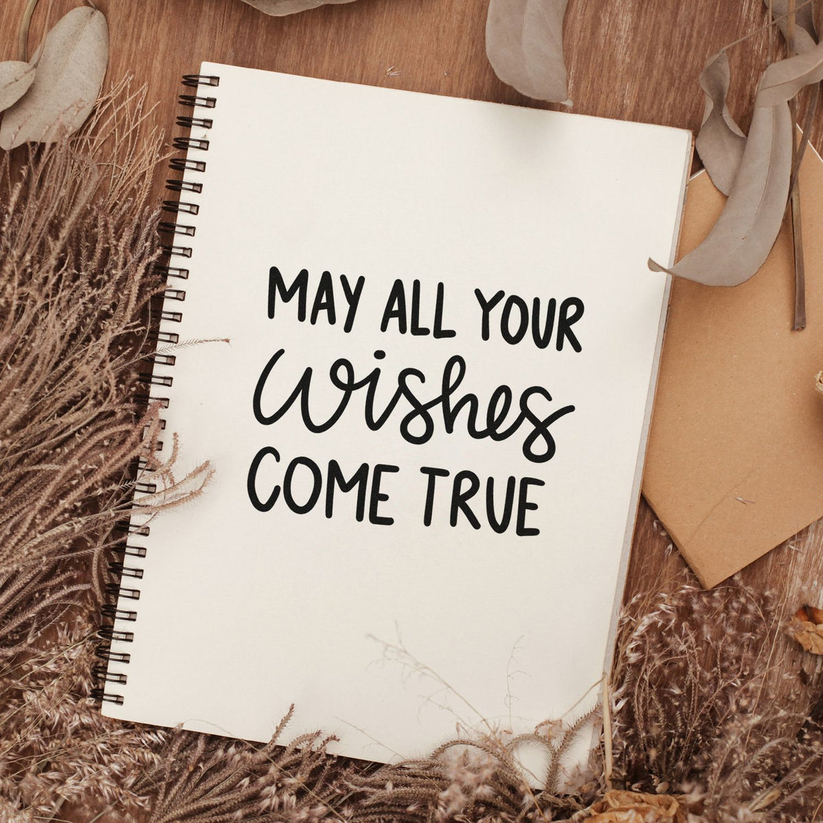 May All Your Wishes Come True Stamp - Premium Vintage Pro Wooden imprint stamped in black ink. MAY ALL YOUR Wishes COME TRUE appears in hand lettering with a large script middle word.