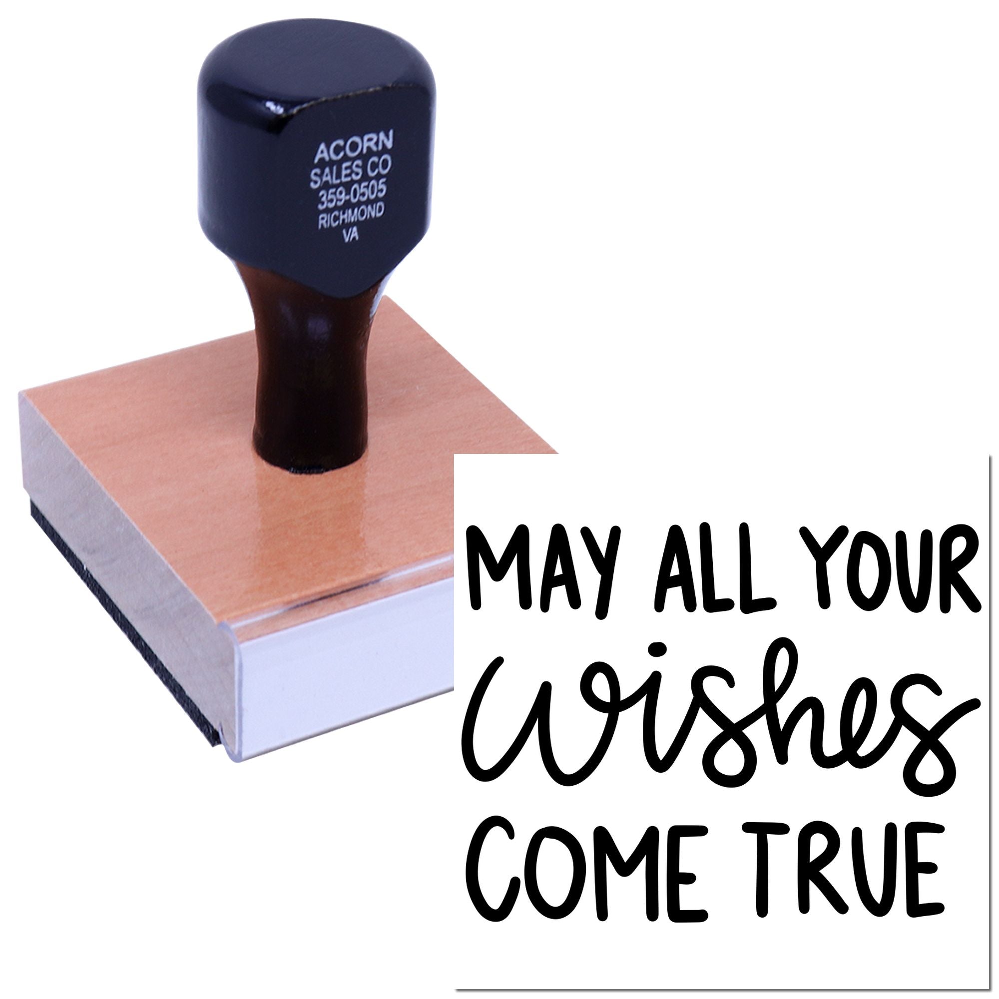 Custom rubber stamp with May All Your Wishes Come True design for greeting cards, gift tags, and DIY crafts.