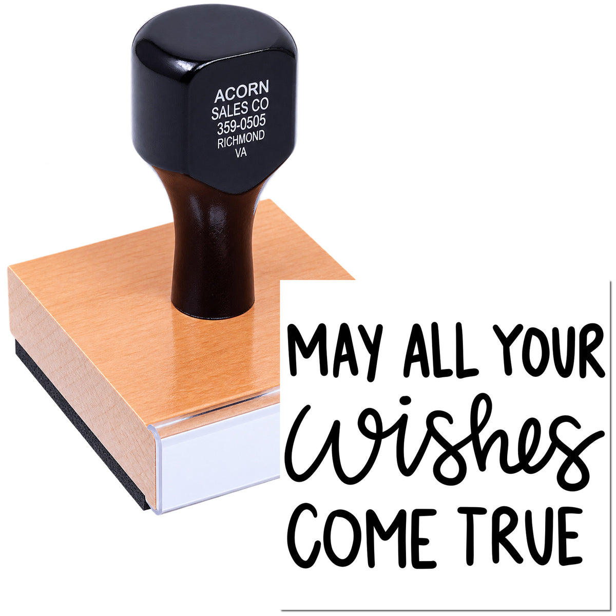 Custom rubber stamp with May All Your Wishes Come True design for greeting cards, gift tags, and DIY crafts.