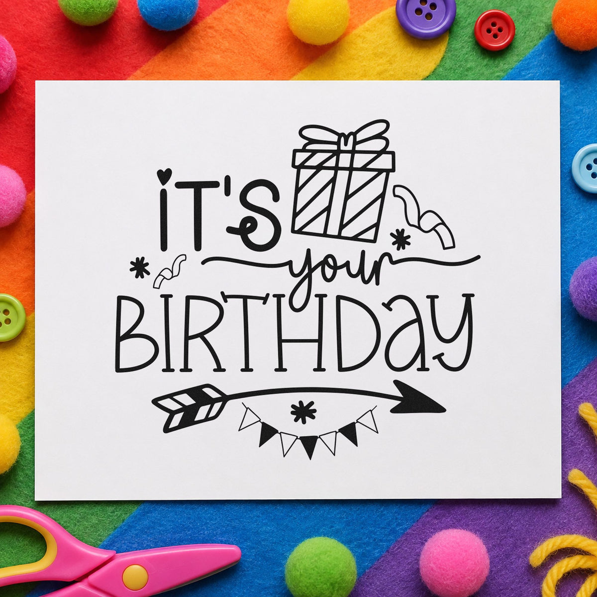 Your Birthday Gift Arrow craft stamp imprint in black ink on a handmade project, one idea being hidden gift tags.
