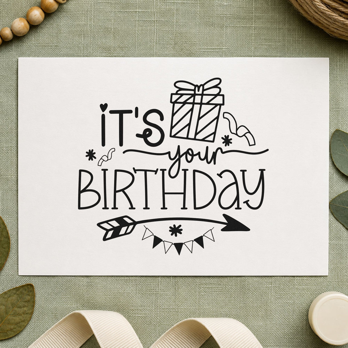 Your Birthday Gift Arrow rubber stamp printed in black ink, ready for clue order sheet and similar paper crafts.