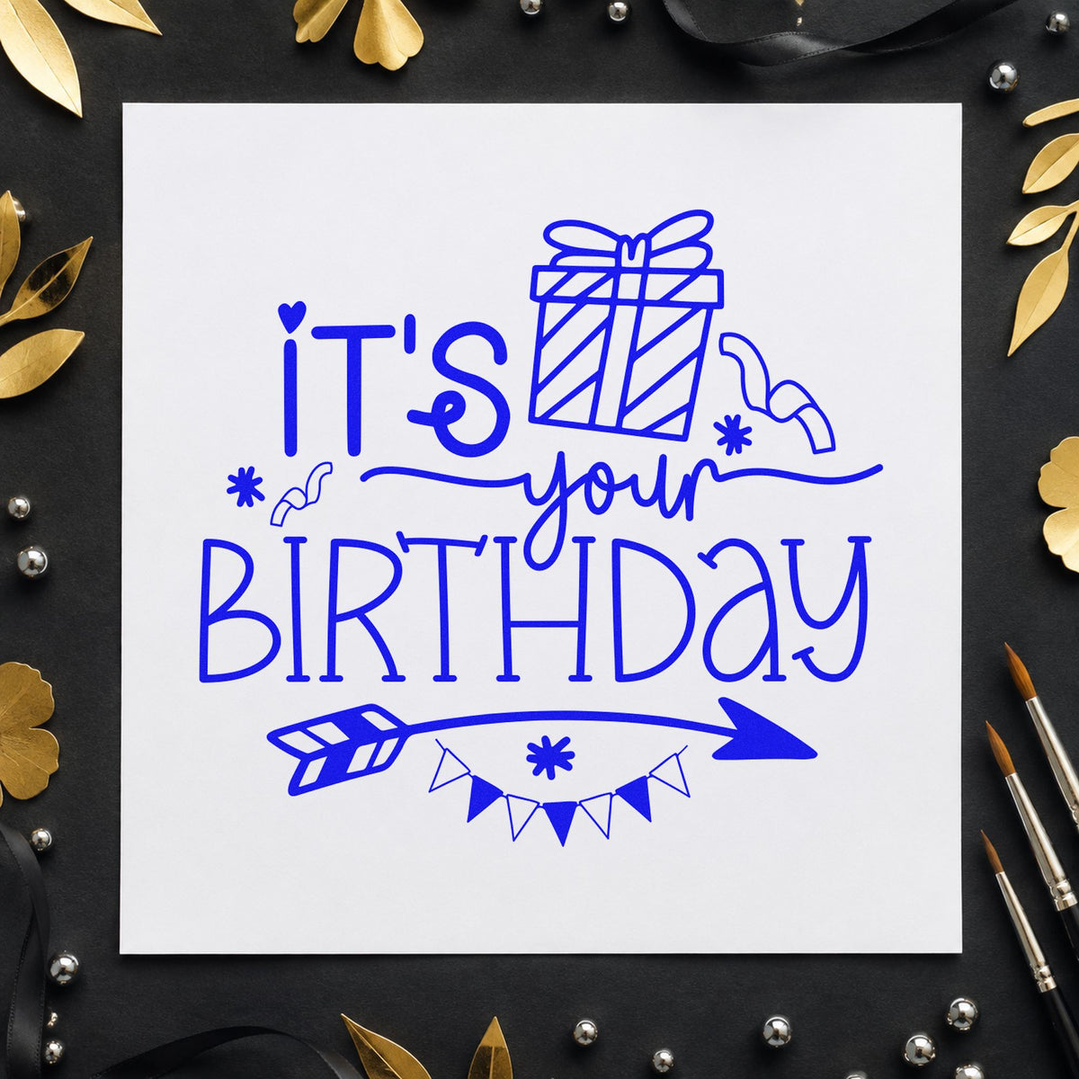 Your Birthday Gift Arrow craft stamp imprinted in blue ink on paper, a design suited to framed front hall.
