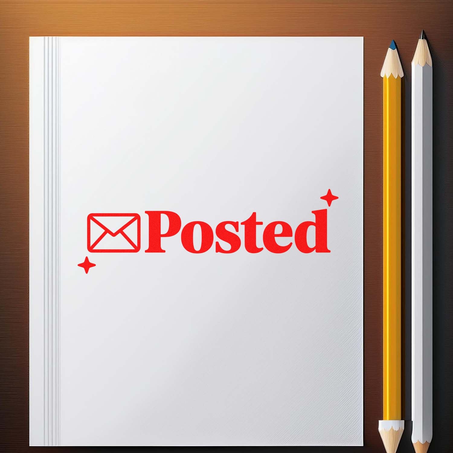 Posted rubber stamp design with envelope icon on blank notebook page, ideal for office mail, approvals, and stationery.