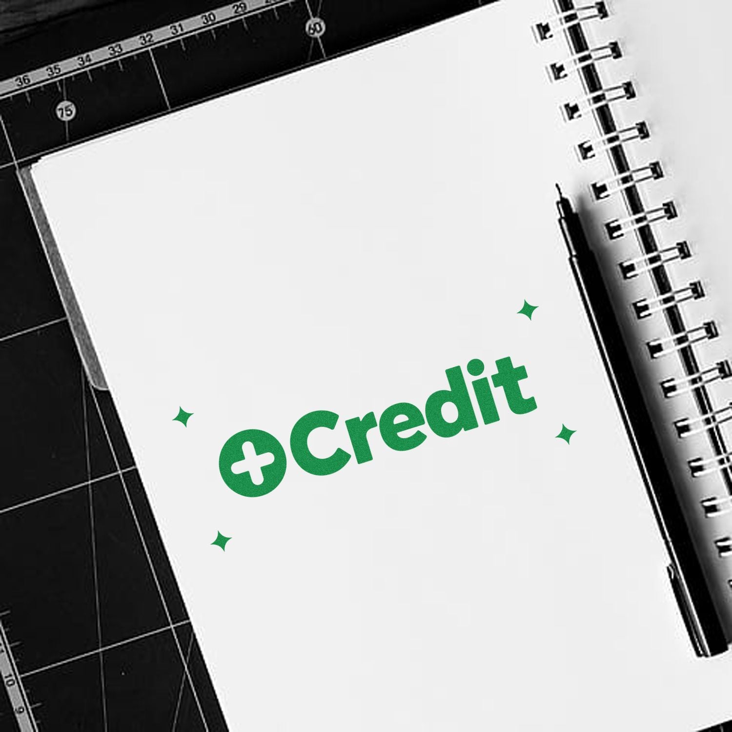 Green credit stamp design on notebook, ideal for custom rubber stamps used in bookkeeping and payment tracking.