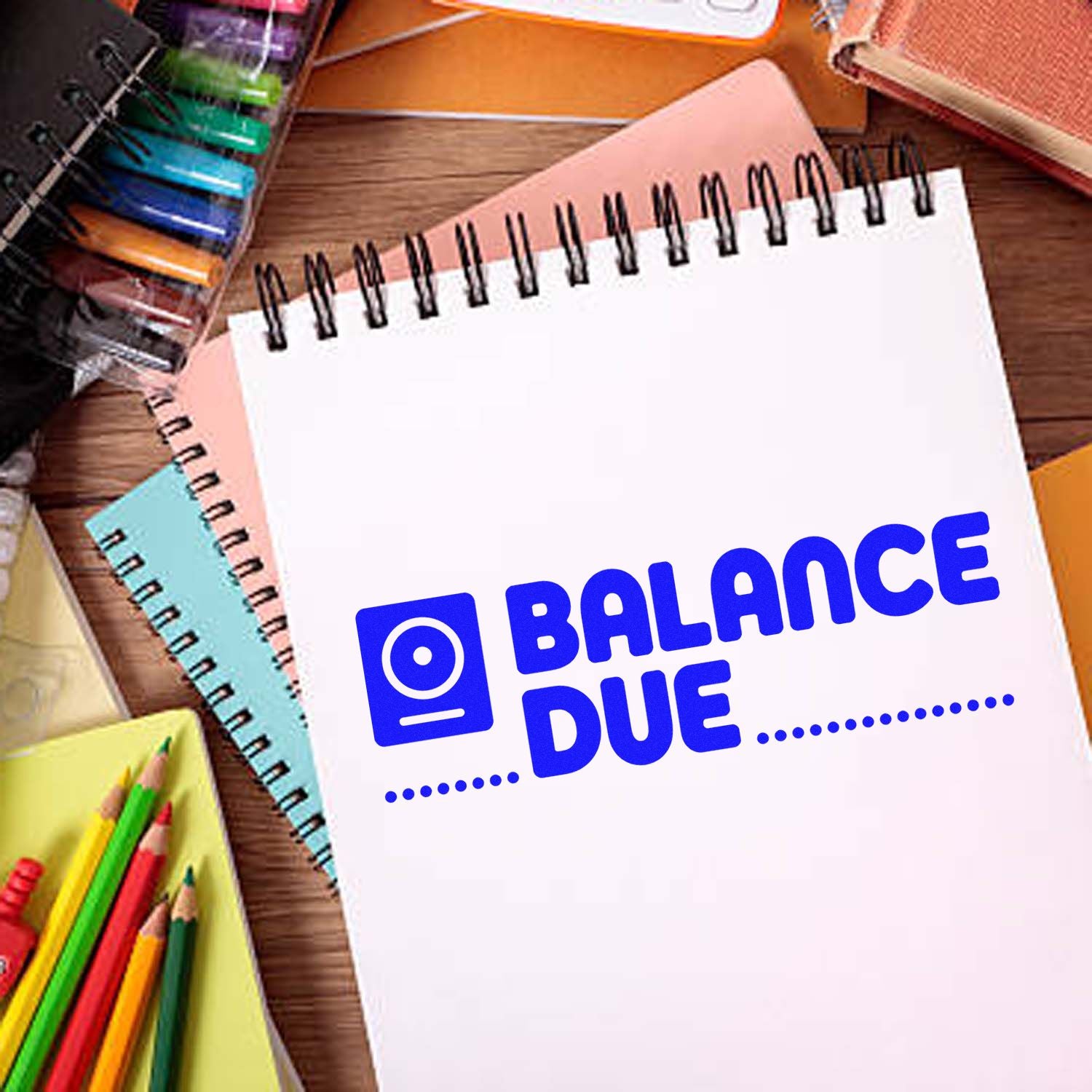 Balance due rubber stamp on notebook, used for billing, invoices, and payment reminder notices.