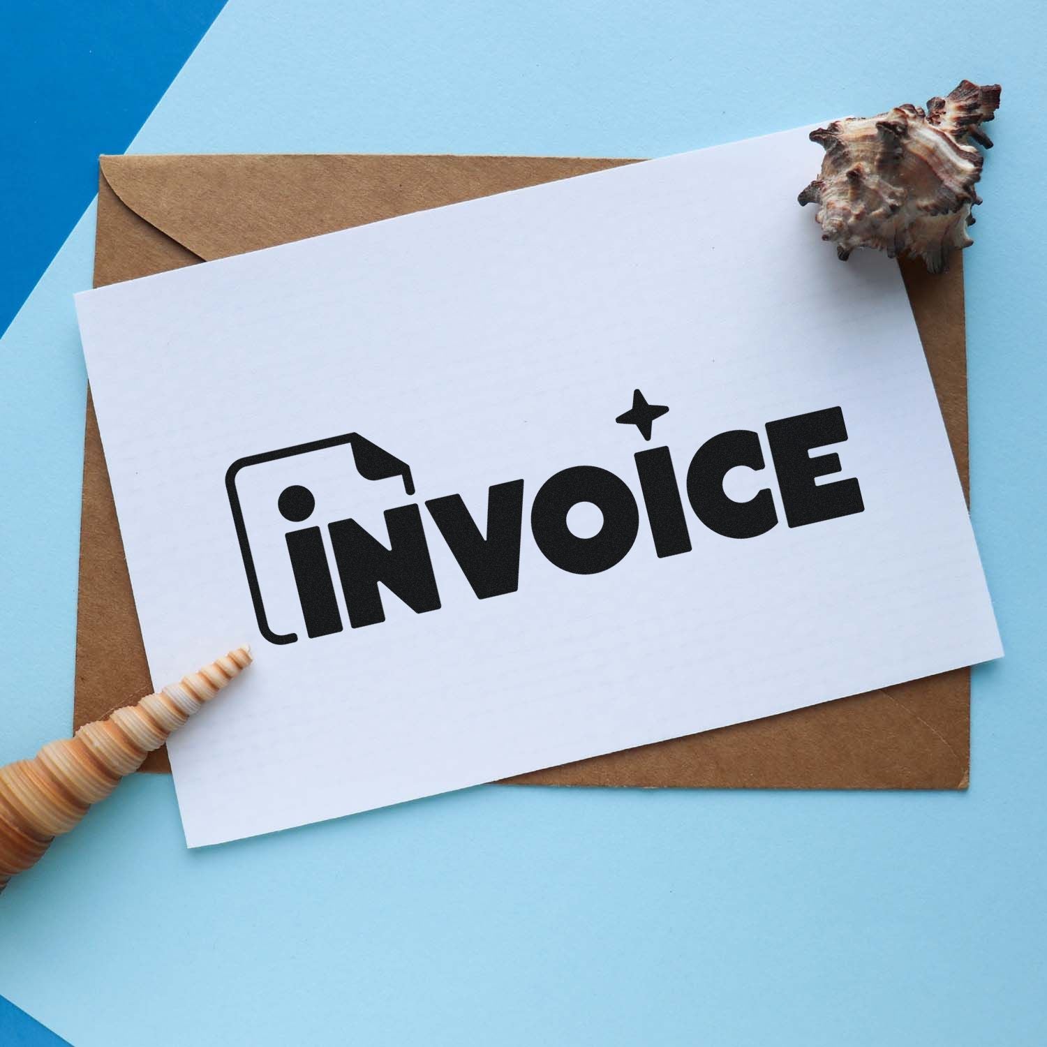 Invoice rubber stamp on a white card over envelope, ideal for business billing and mailing organization.