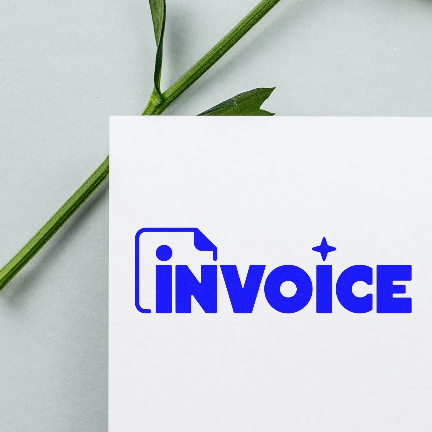 Blue invoice rubber stamp design on white card mockup for business billing and document organization.
