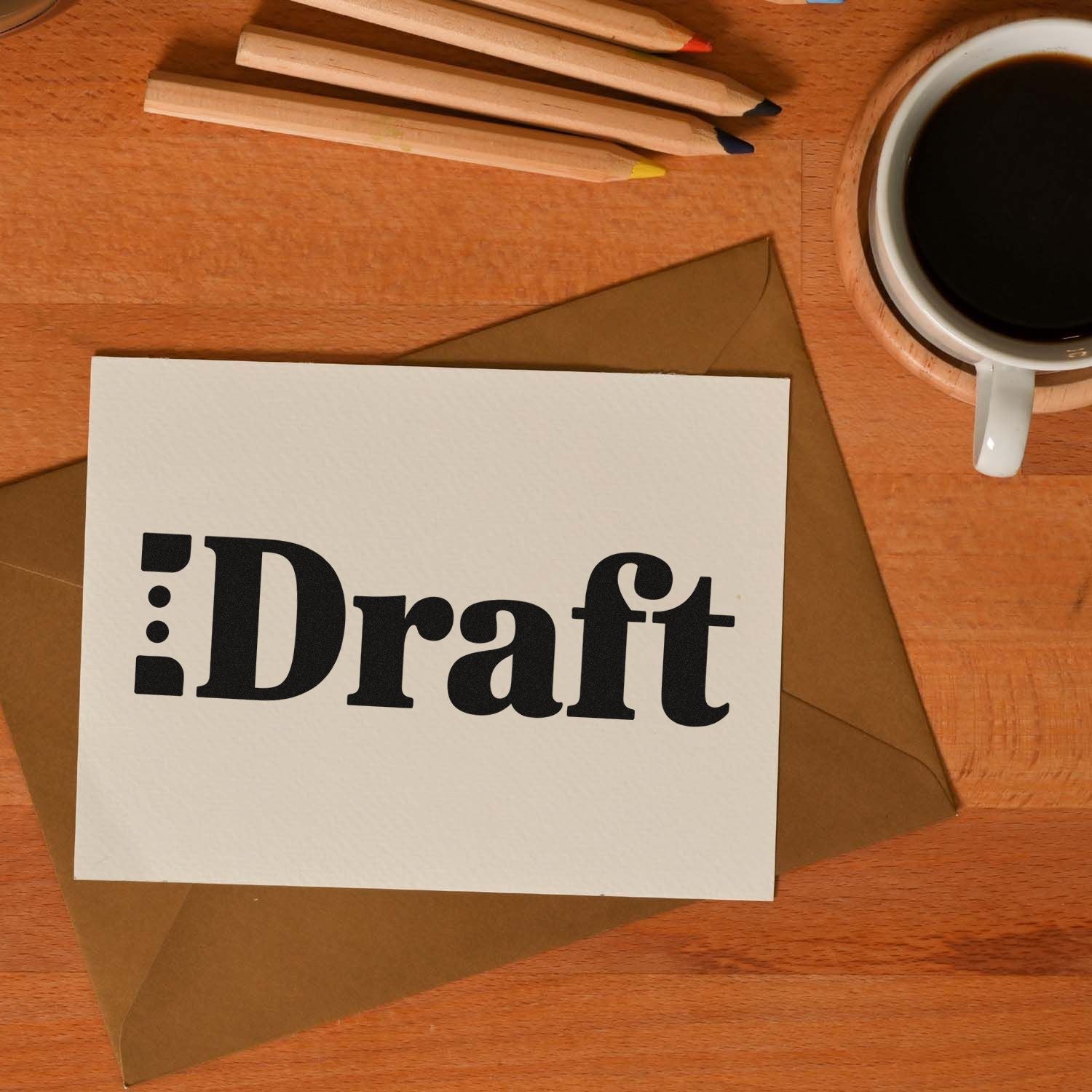 Draft rubber stamp on stationery with envelope, pencils, and coffee, marking a document as a draft.