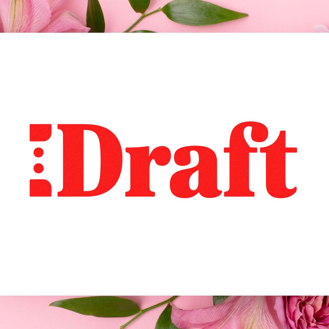 Red Draft rubber stamp design for marking documents, proofs, and project drafts on a pink floral background.