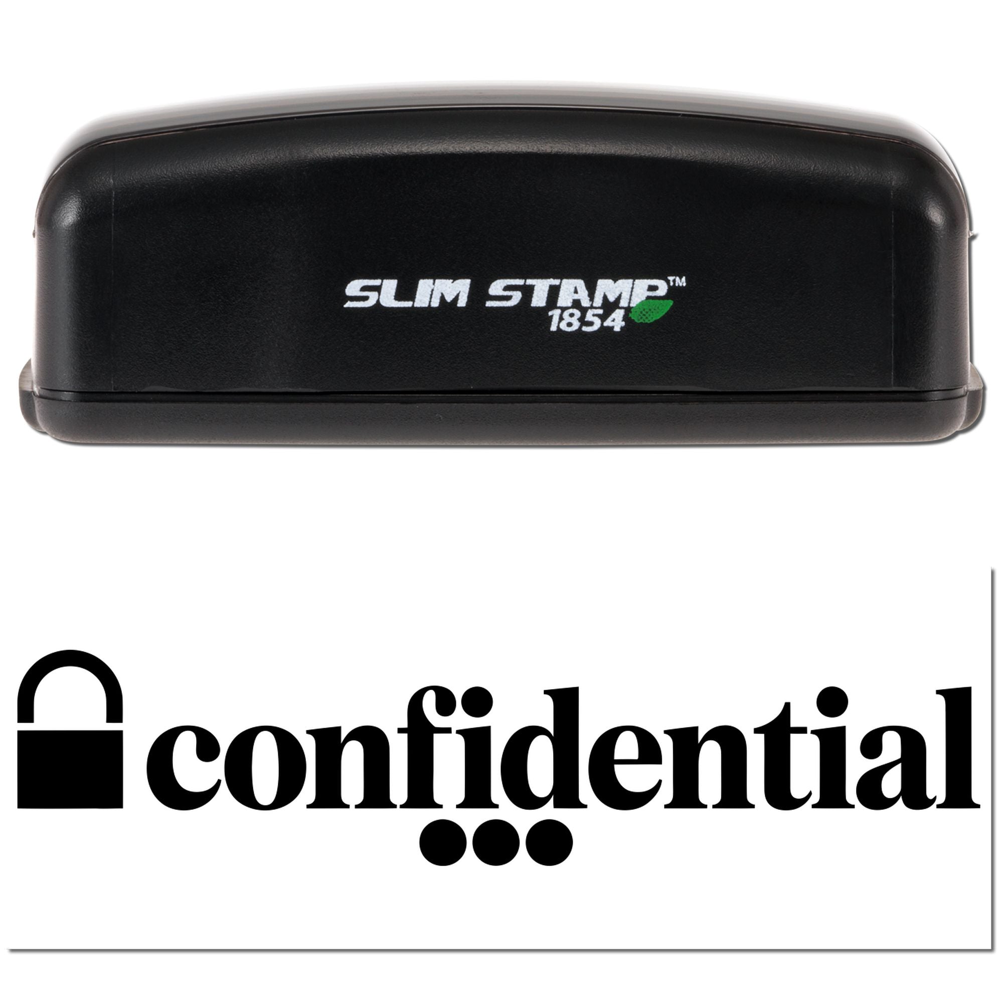Slim Stamp 1854 confidential self-inking rubber stamp imprint with lock icon for private documents and secure files.