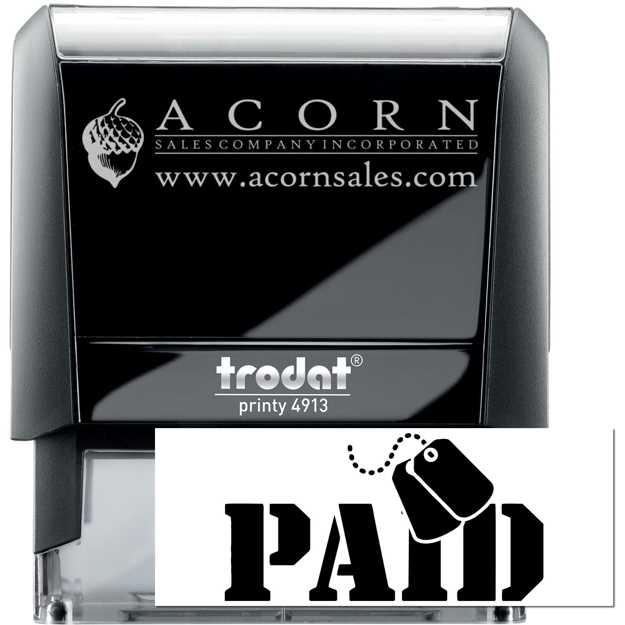 Custom Trodat Printy 4913 self-inking rubber stamp for Acorn Sales Company with logo, website, and Paid imprint.
