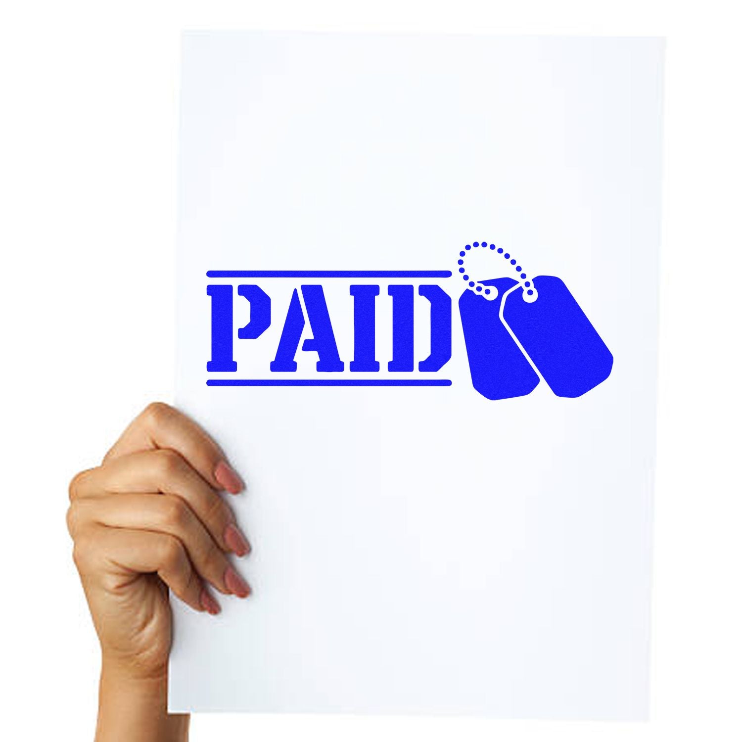 Hand holding paper with blue PAID rubber stamp and tags, ideal for invoice approval, billing, and business payment marking.