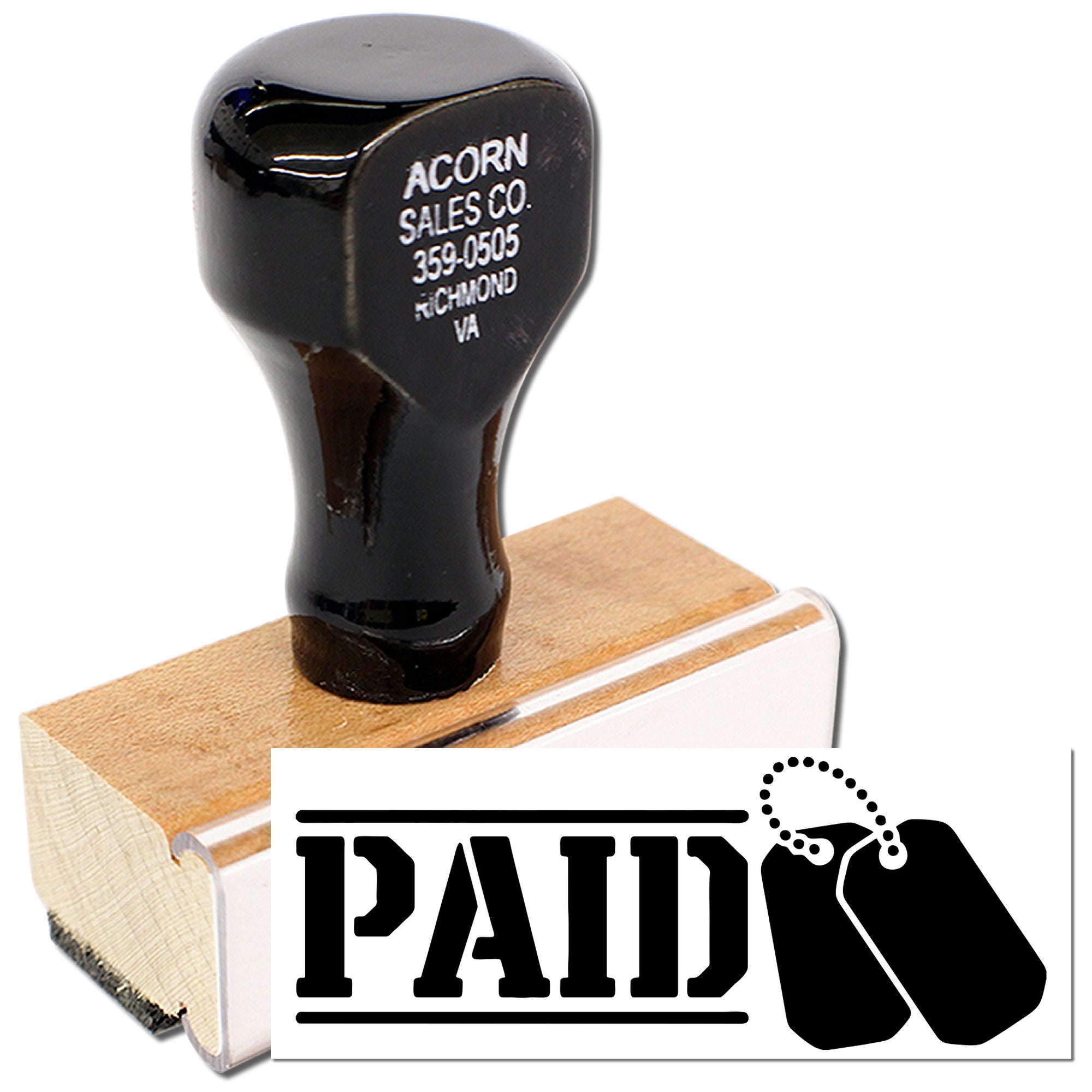 Custom PAID rubber stamp with wooden handle, ideal for marking invoices, receipts, and business documents.