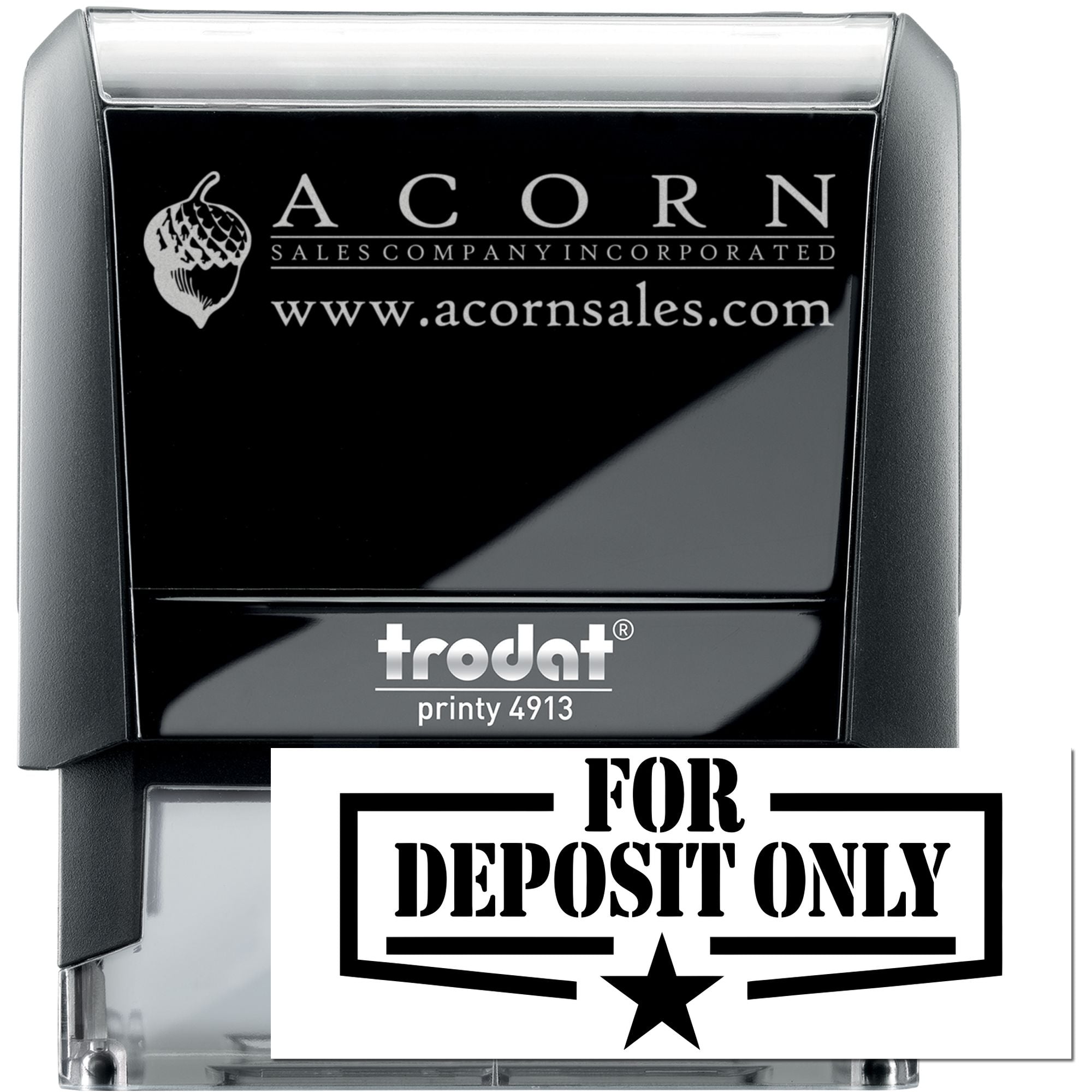 Self-inking rubber stamp with custom Acorn Sales logo and For Deposit Only bank endorsement for business checks.