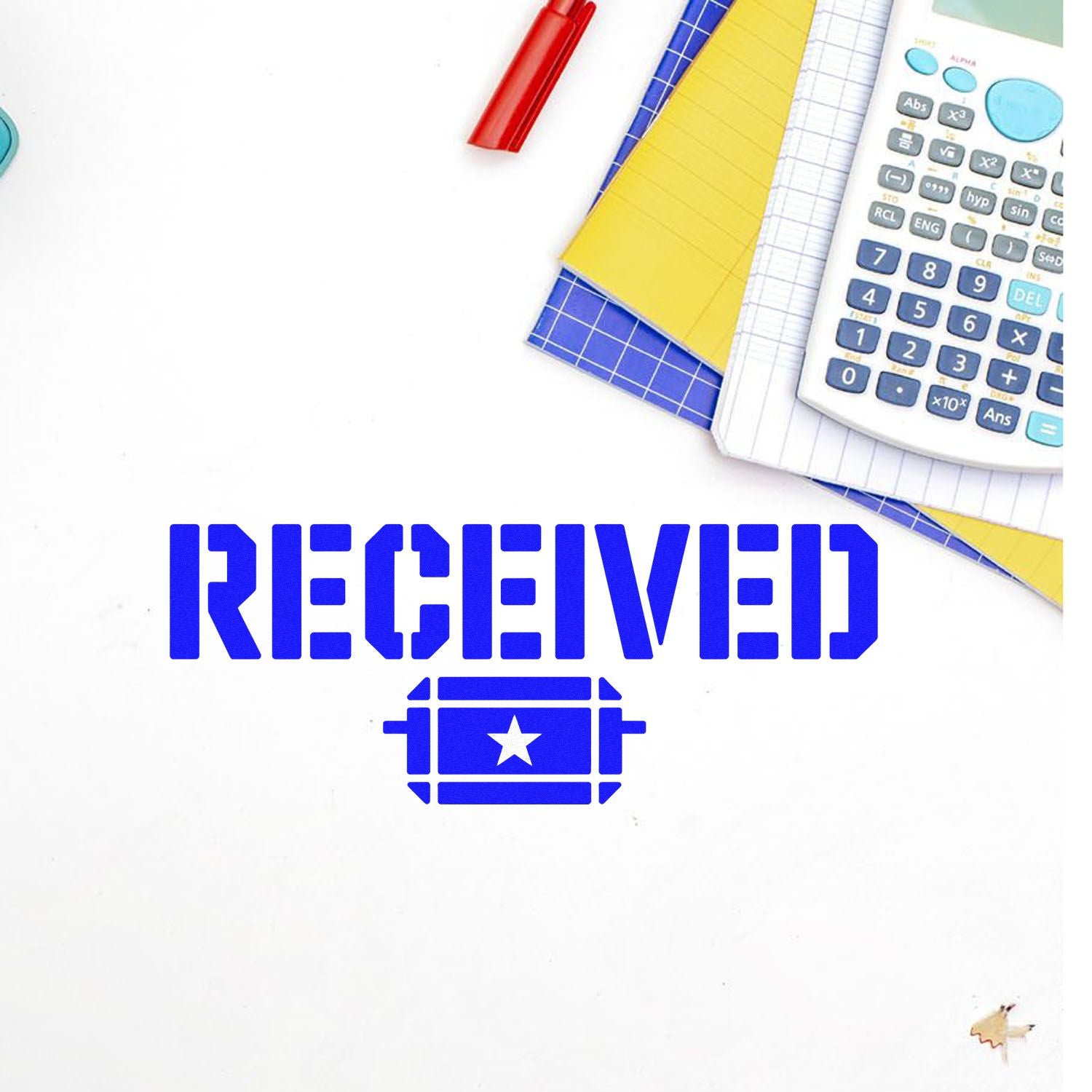 Blue RECEIVED rubber stamp imprint with office supplies, for document approval, mail processing, and record keeping.