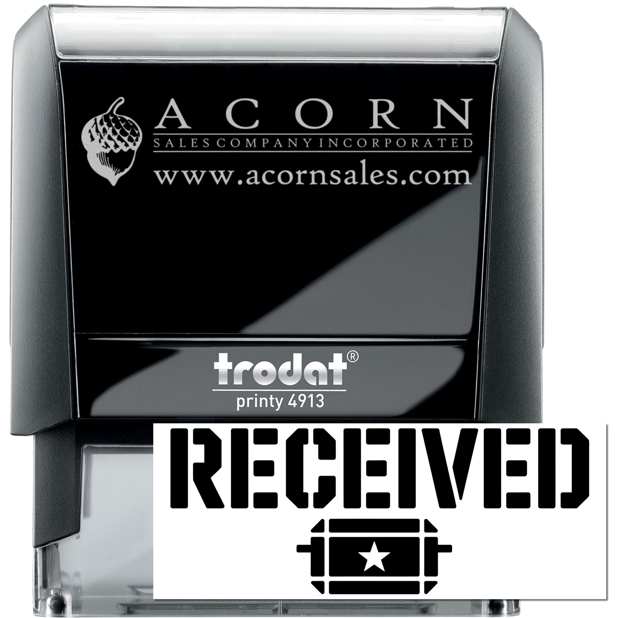 Custom self-inking RECEIVED rubber stamp, Trodat Printy 4913, for office document processing and file tracking.