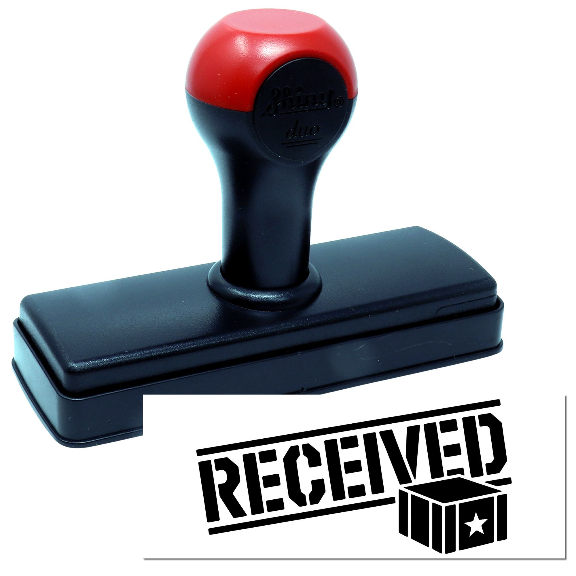Self-inking received rubber stamp with bold imprint for incoming mail, office files, and document tracking.