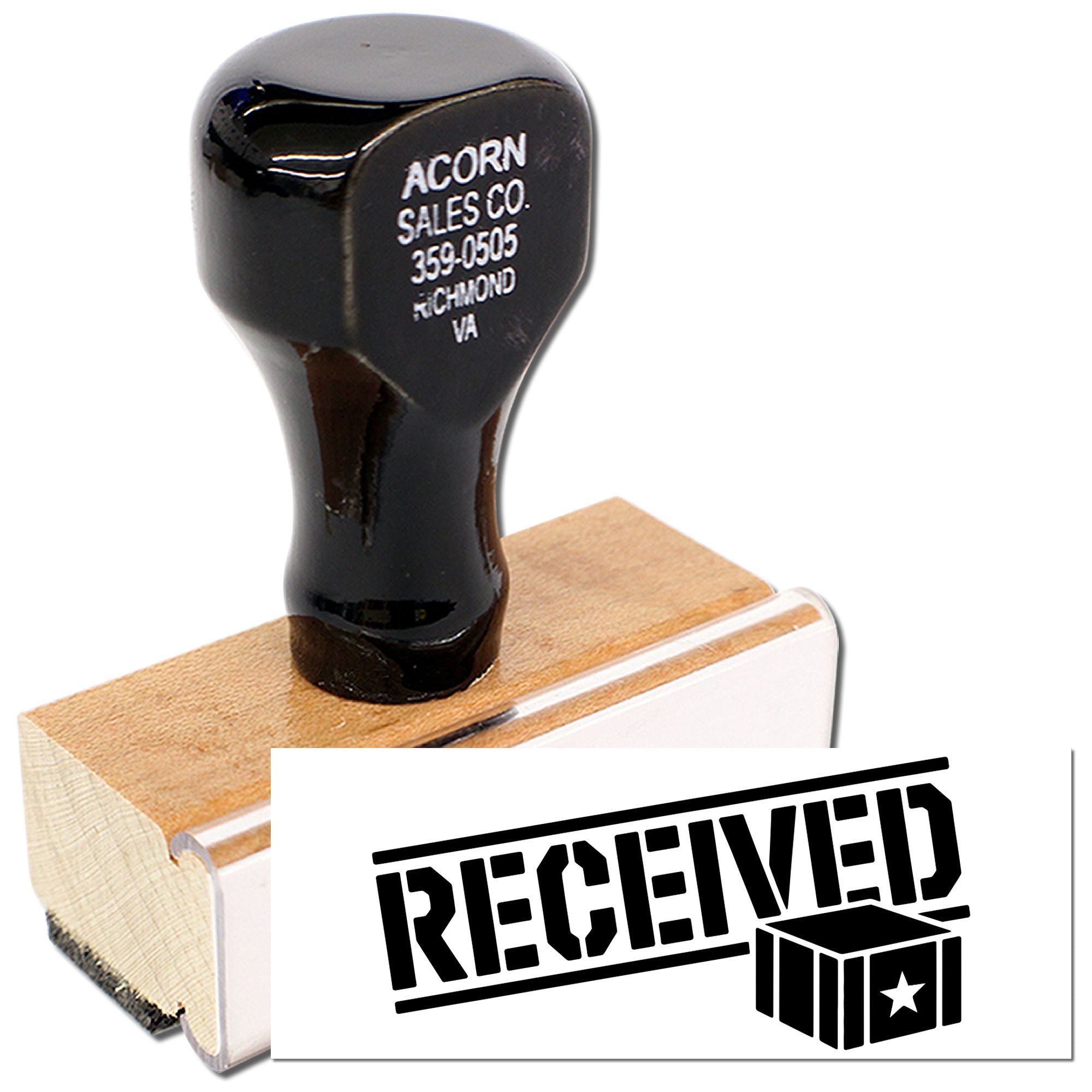 Wood handle rubber stamp with RECEIVED mark for office mail, filing, and package processing.