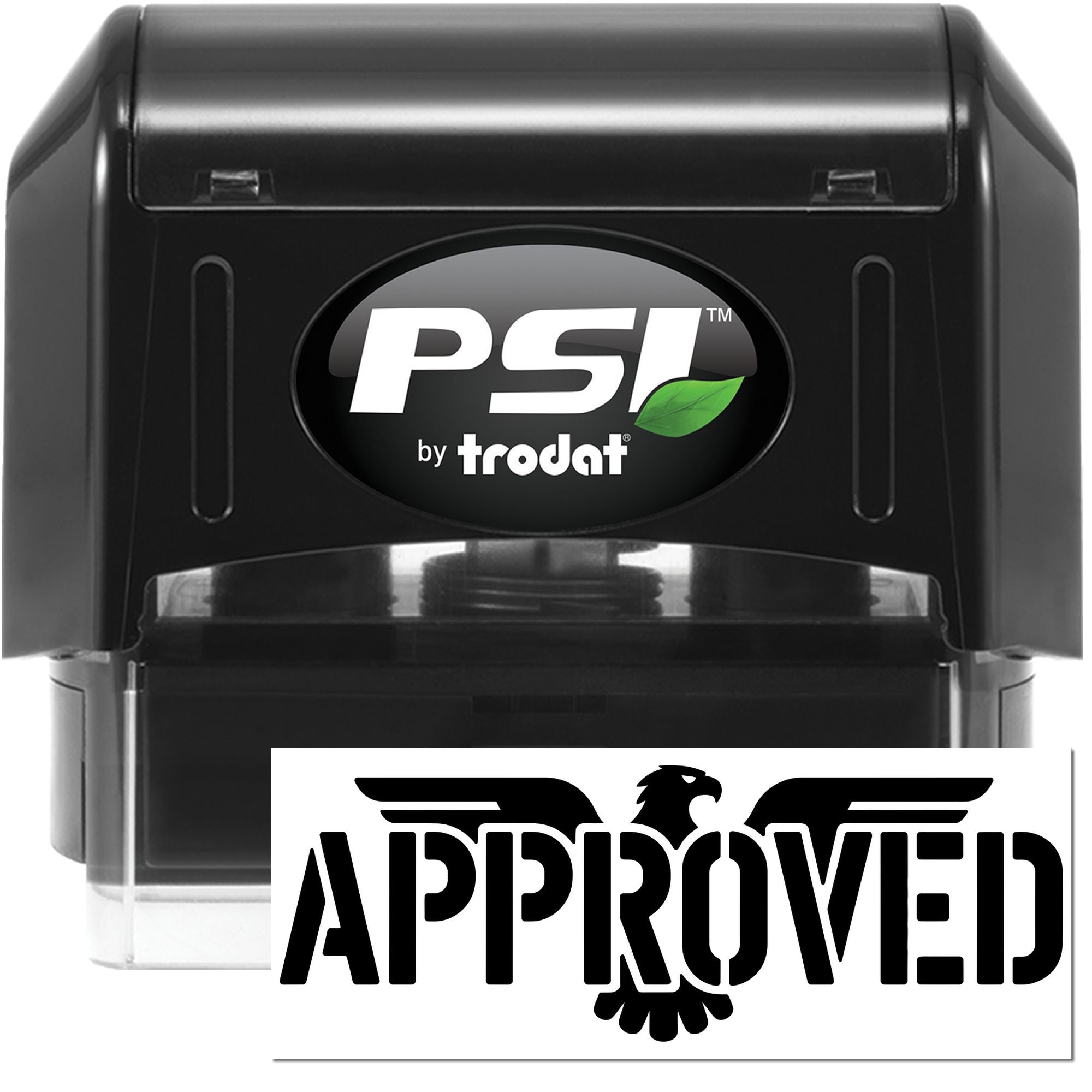 PSI by Trodat self-inking rubber stamp with bold Approved imprint for office document approval.