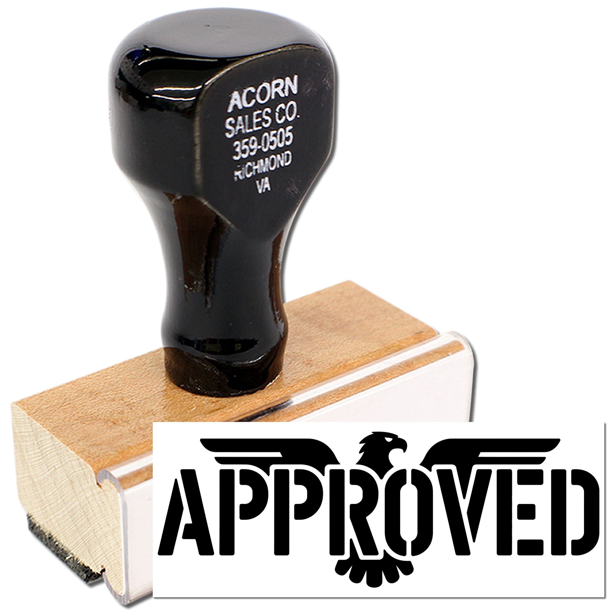 Approved rubber stamp with wooden handle for marking business documents and office paperwork.