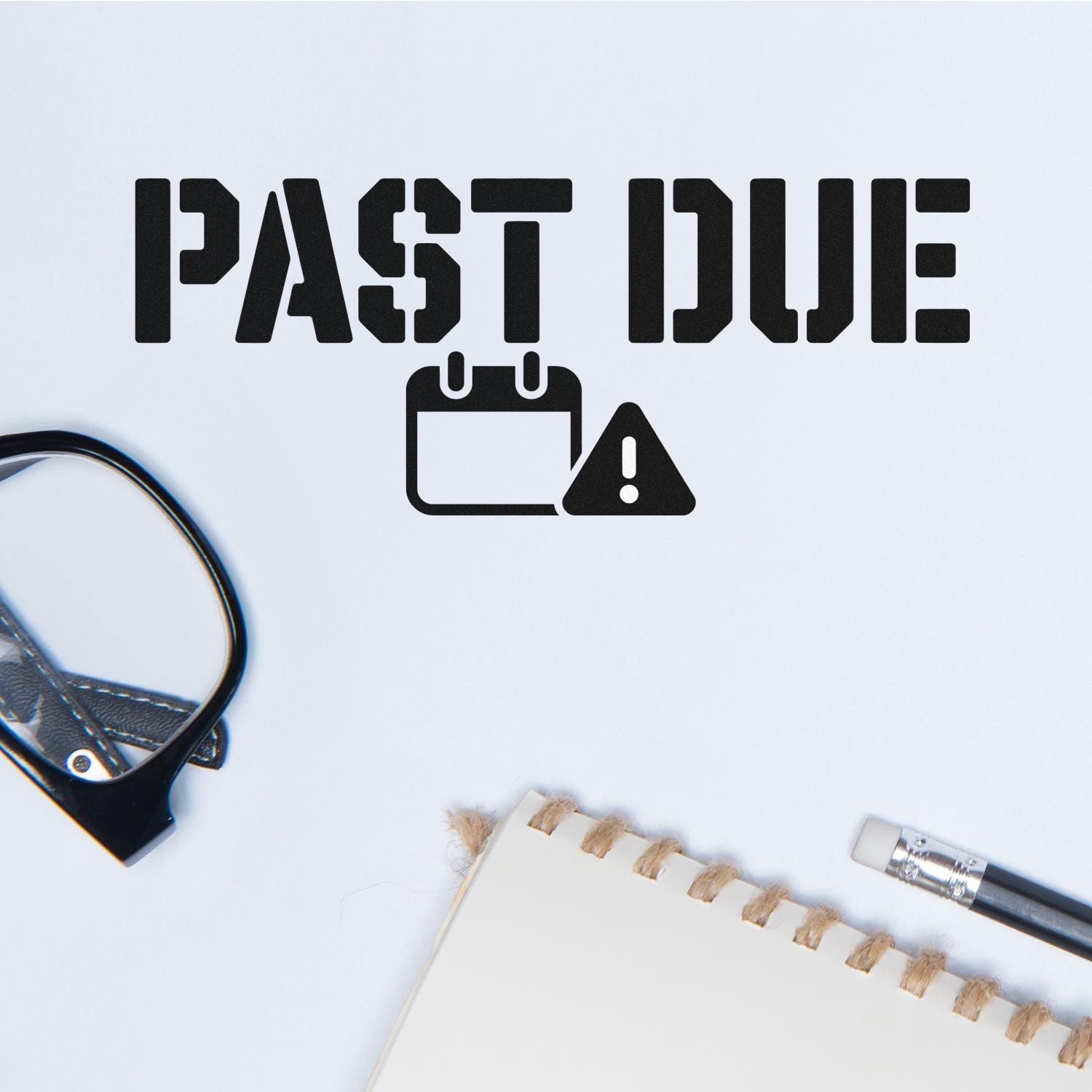 Past due rubber stamp with calendar and warning icon for overdue payment notices and late payment reminders.