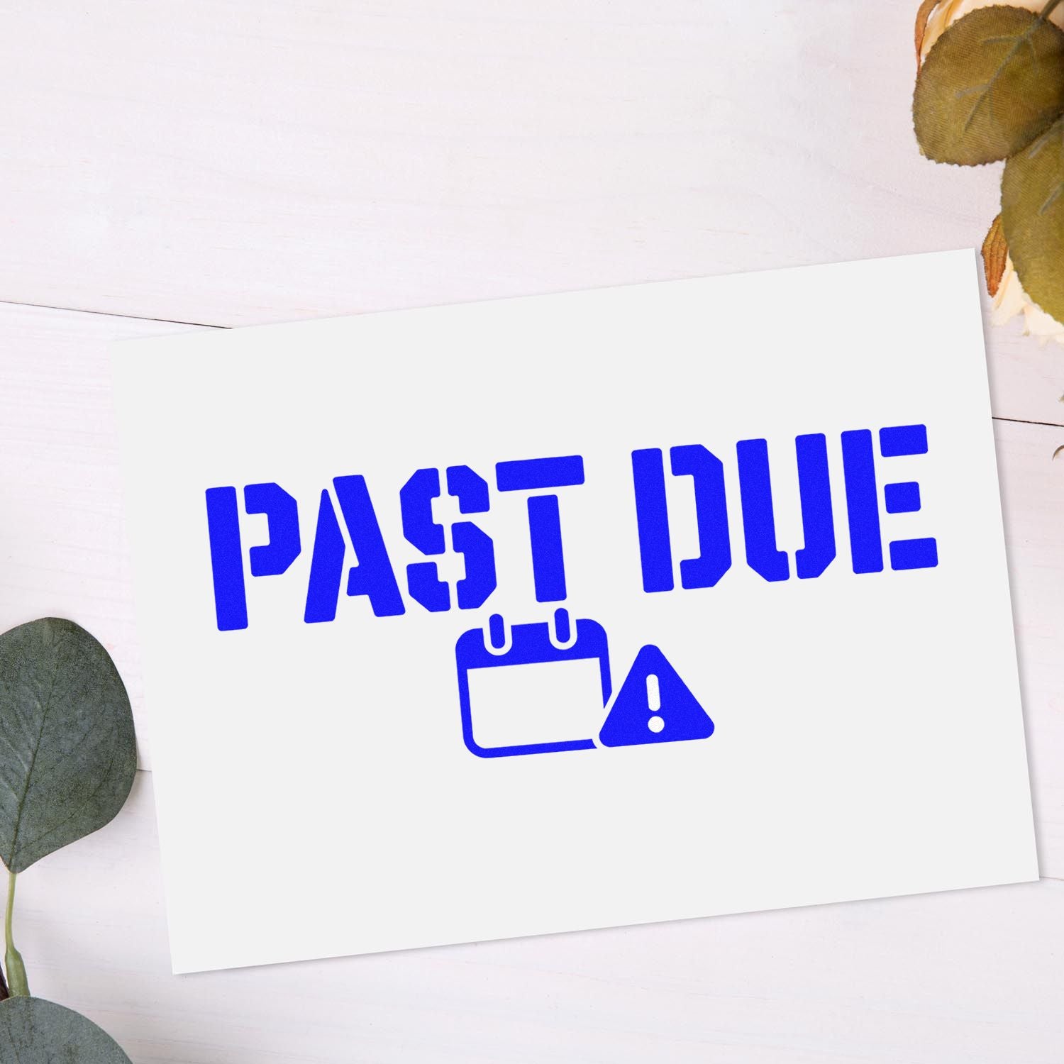 Past due rubber stamp design with calendar warning icon for overdue notices and billing reminders.
