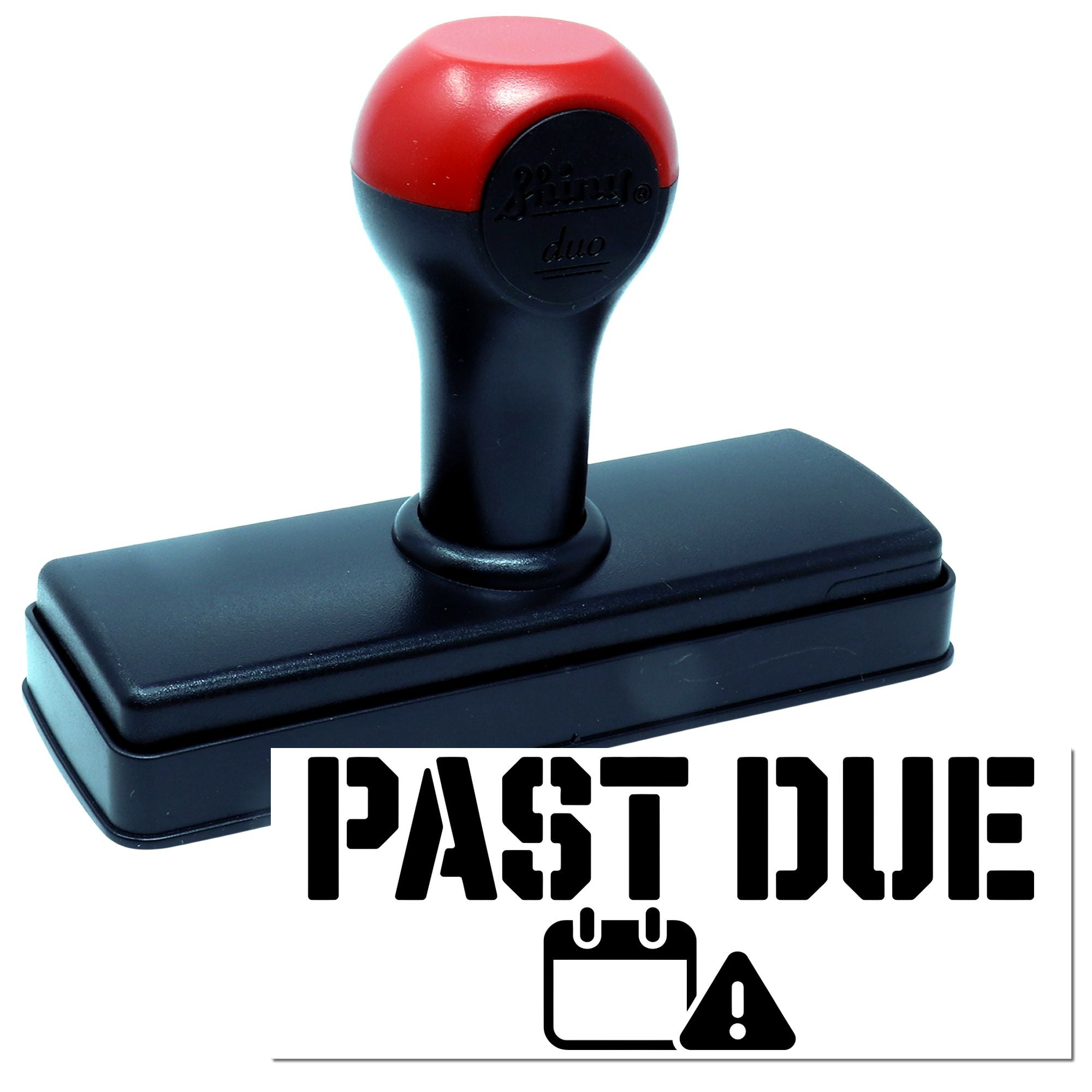 Self-inking rubber stamp with PAST DUE text and warning icon for marking overdue invoices and office documents.